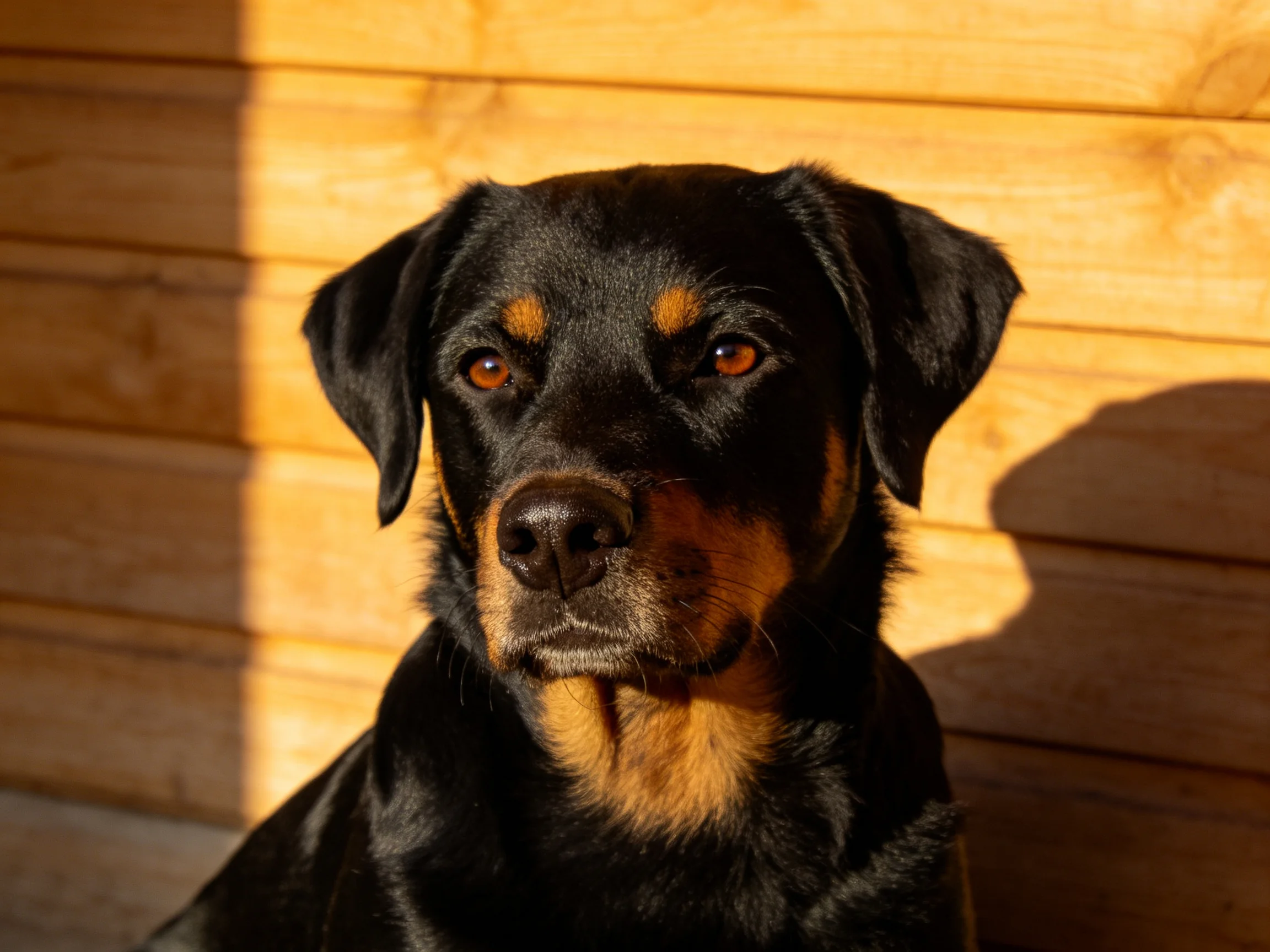 A black and tan dog sits calmly next to a wooden wall in sunlight.