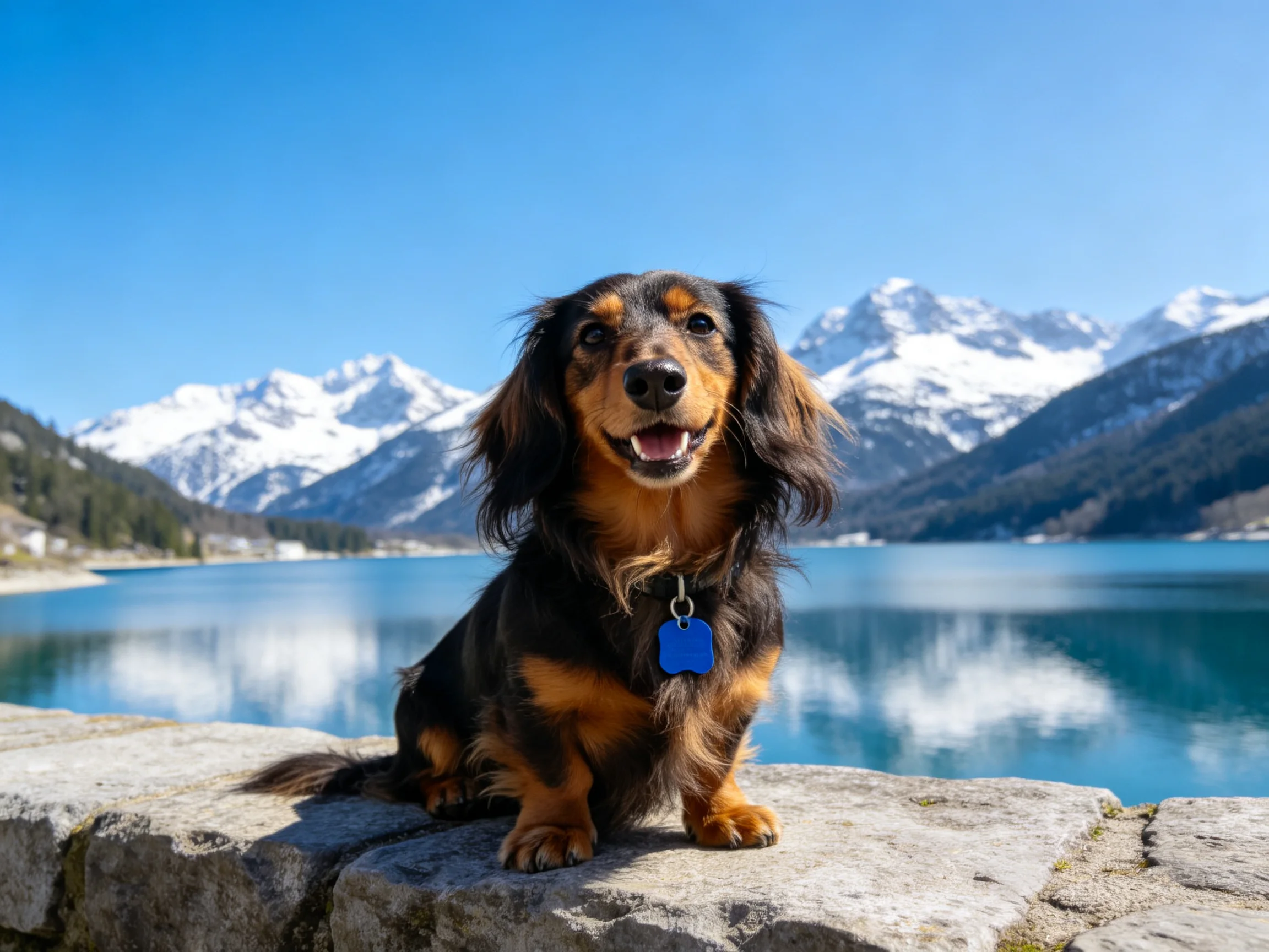 A dog sits near a lake with snowy mountains in the background.
