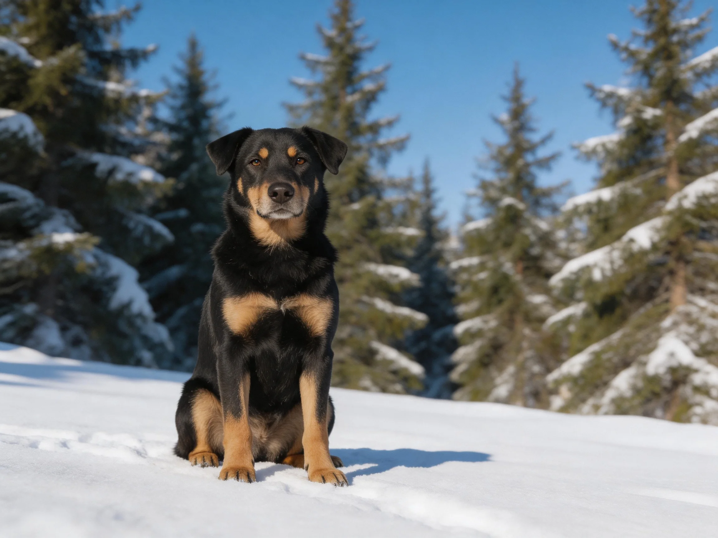 A black and tan dog sits calmly amid snowy pine forest