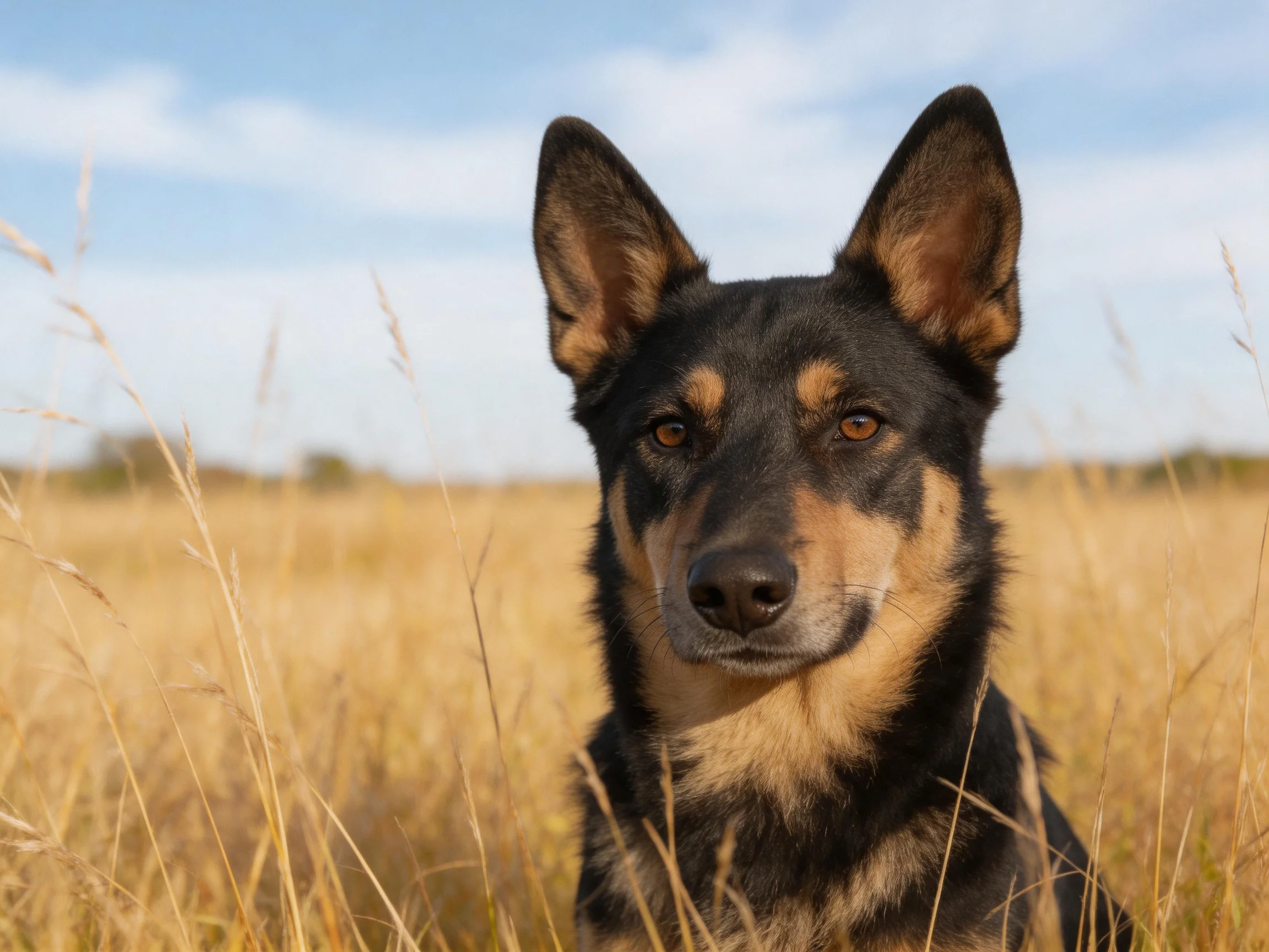 A black and tan dog rests amid tall golden grasses.
