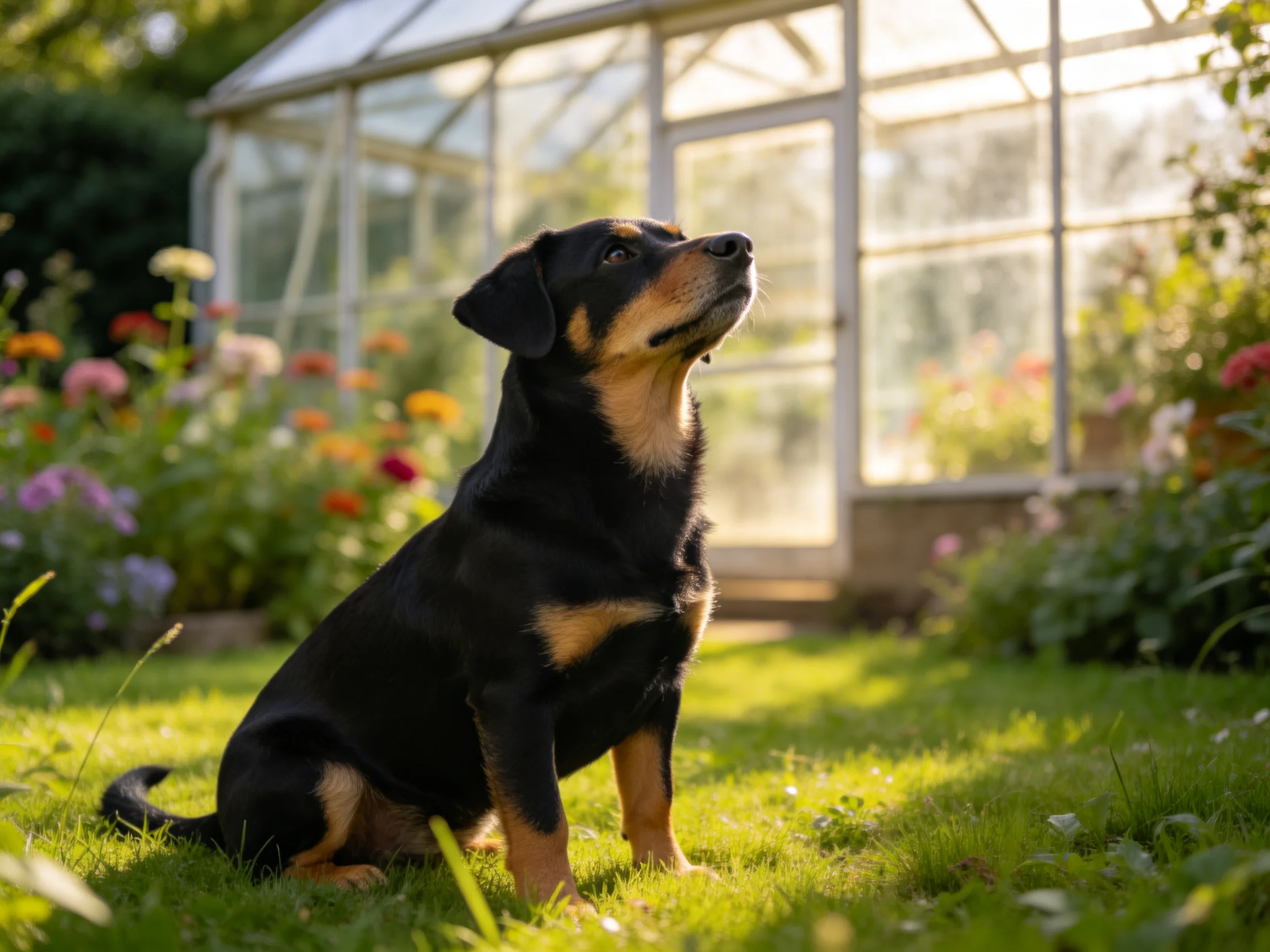 A black and tan dog sits in a sunlit garden with flowers and a greenhouse.