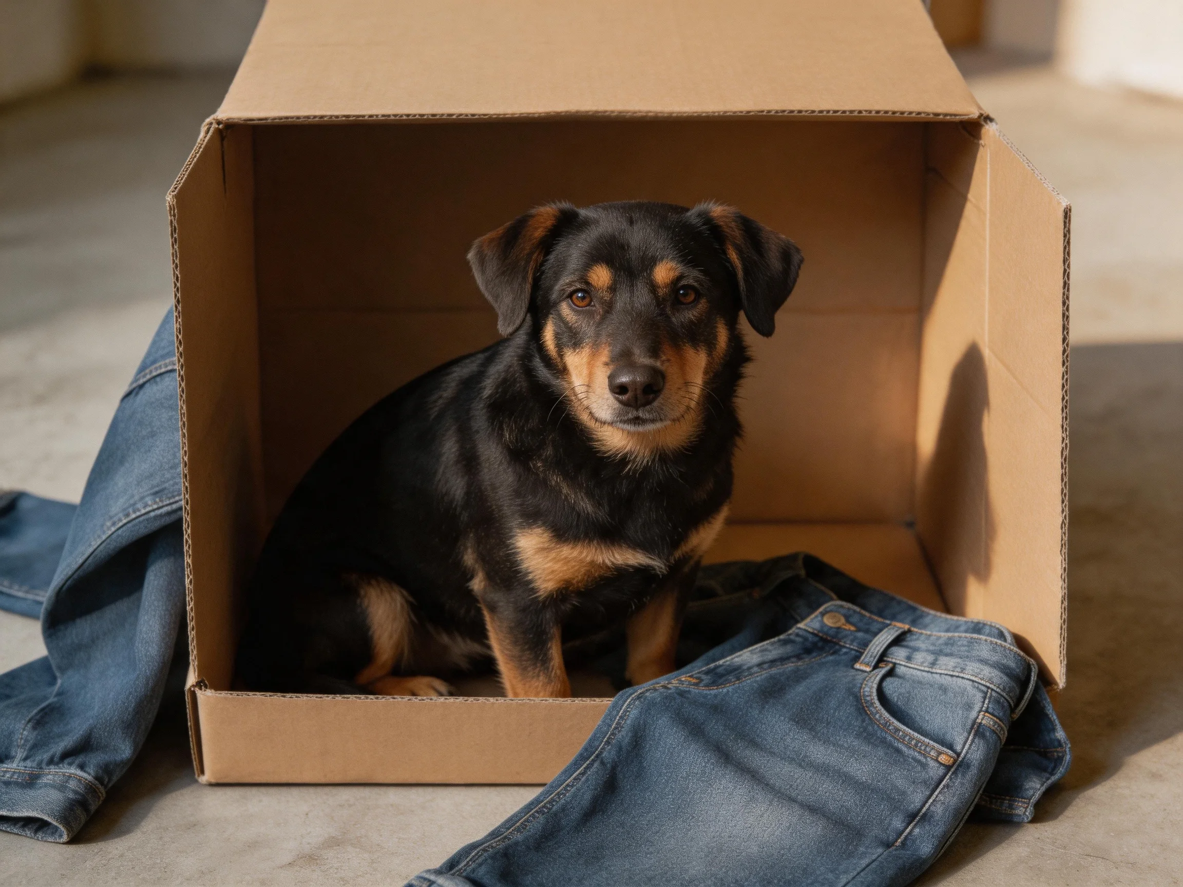 A black and tan dog sits in an open cardboard box with jeans nearby