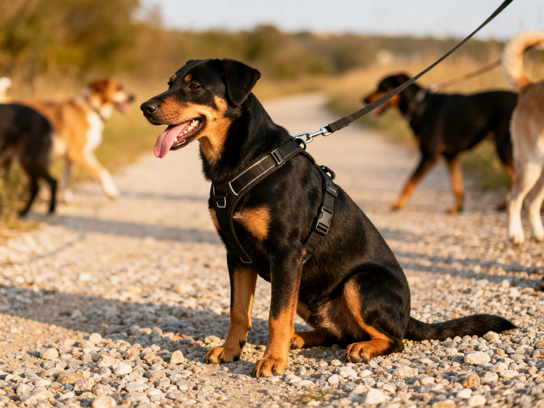 A black and tan dog sits on a gravel path among other dogs