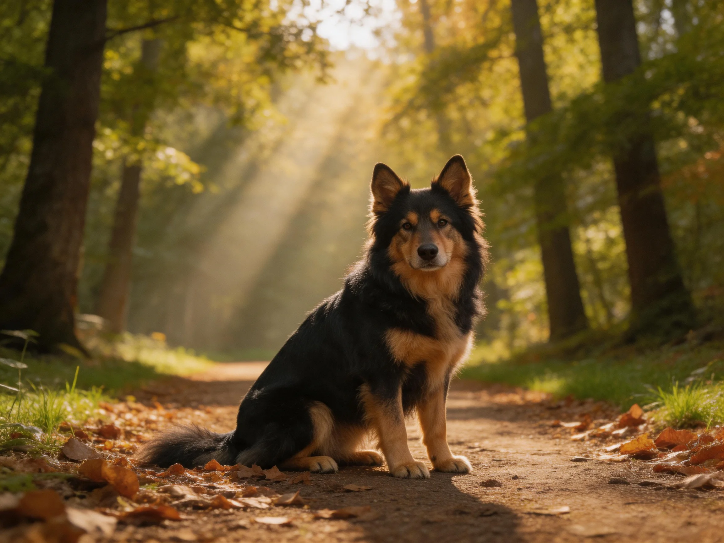 A black and tan dog sits on a leaf-strewn forest path under golden sunlight.