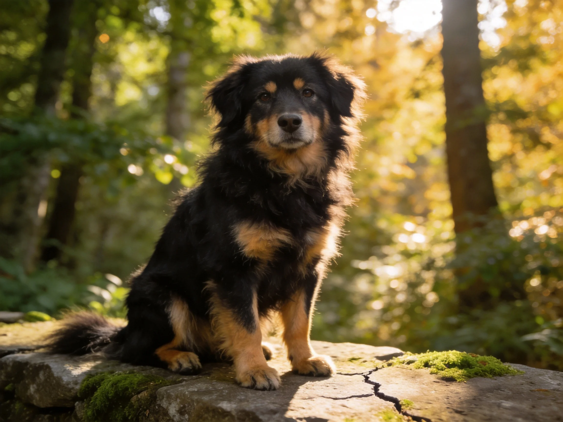 A black and tan dog sits on a moss-covered stone in a sunlit forest
