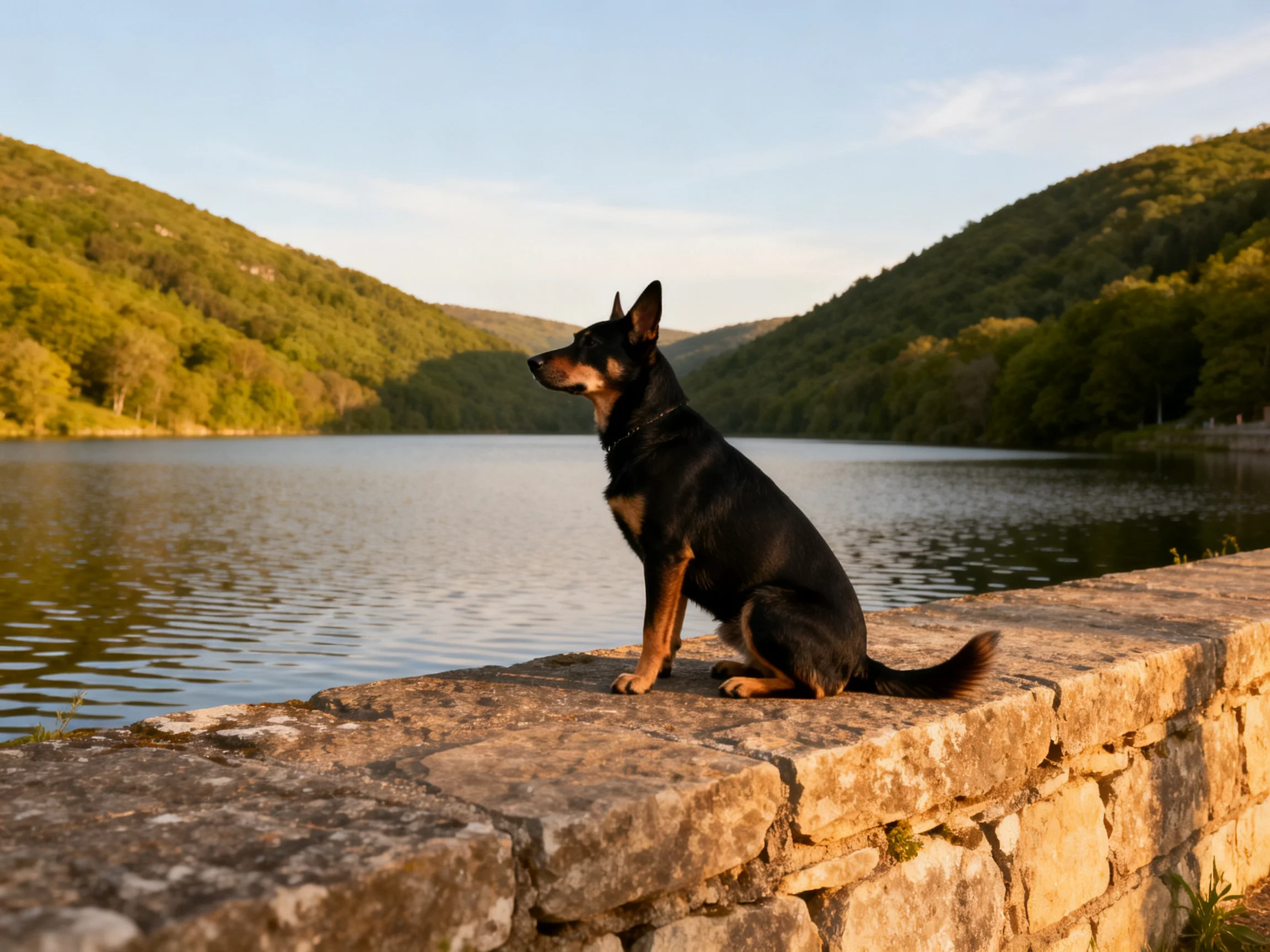 A dog sits on a stone wall overlooking a serene lake near forested hills