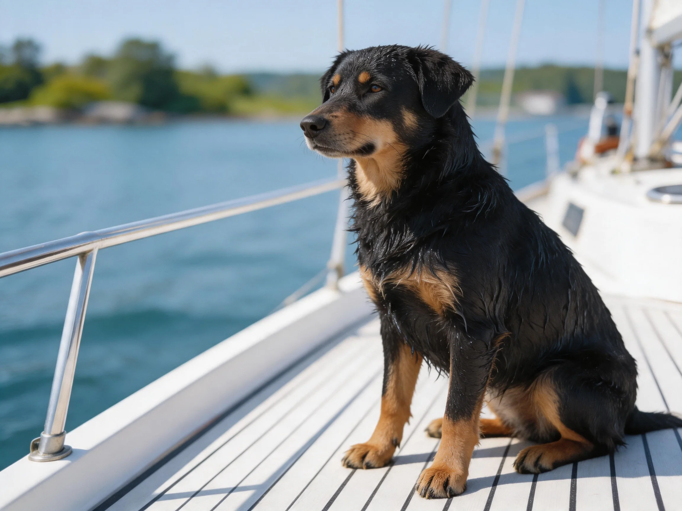 A black and tan dog sits calmly on a sailboat deck near calm water