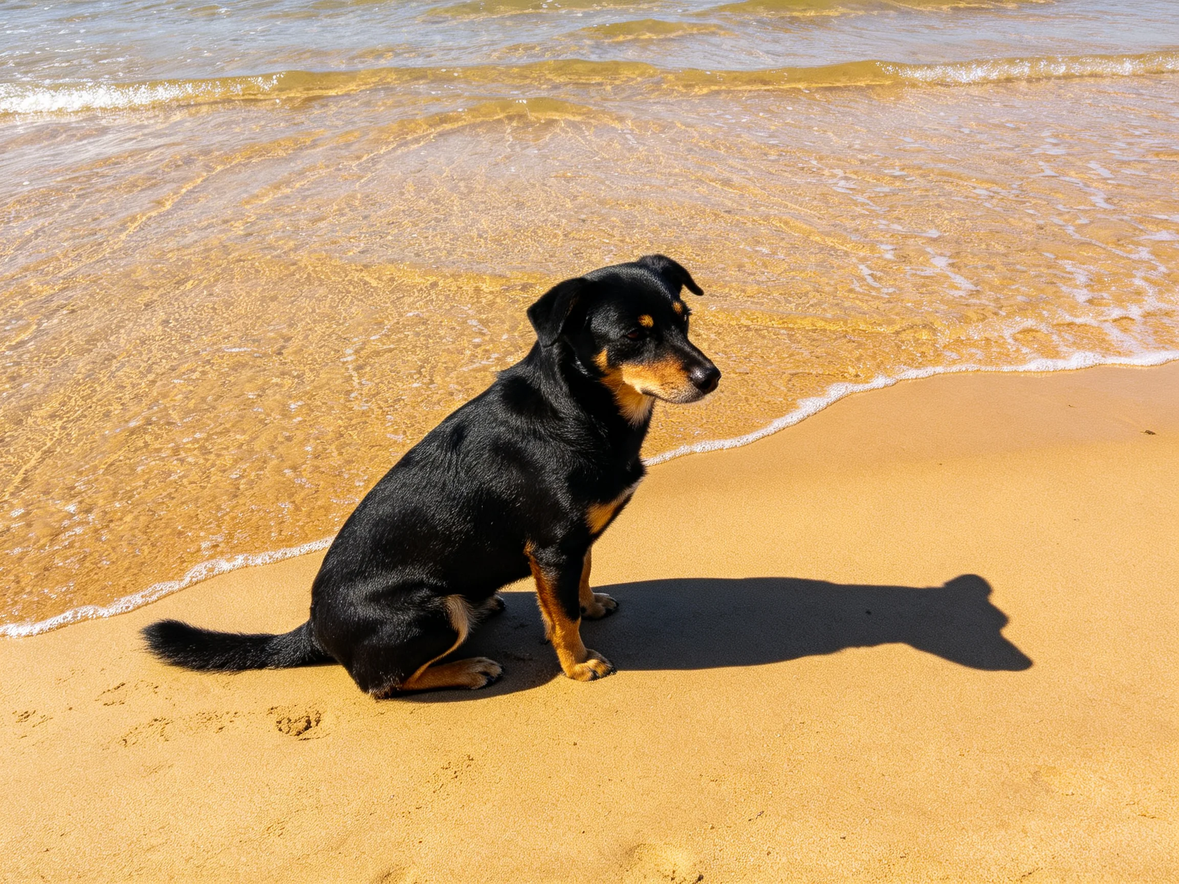 A black and tan dog sits on a sandy beach by the water.