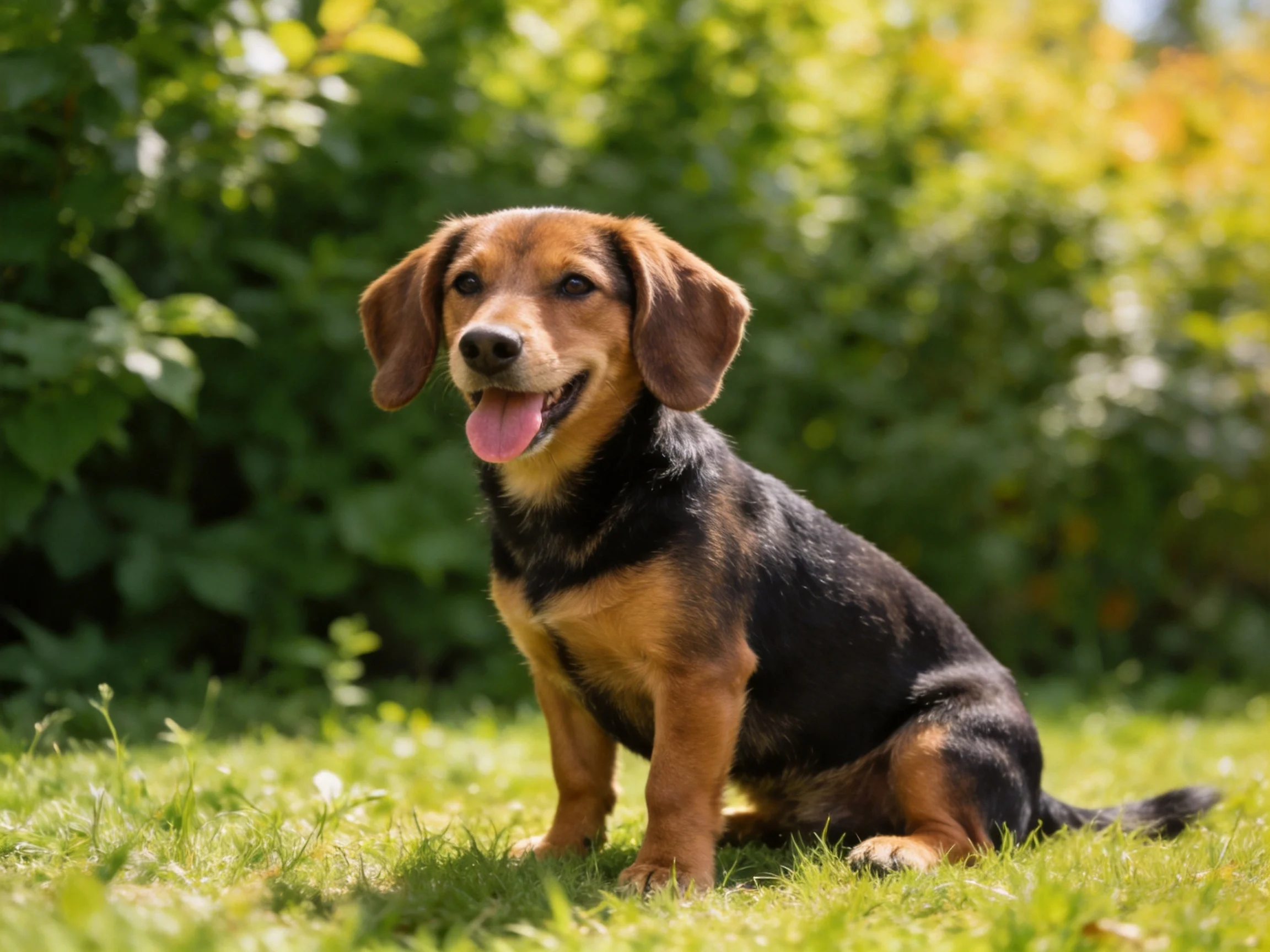 A black and tan dog sits on grass in a sunlit area with surrounding vegetation.