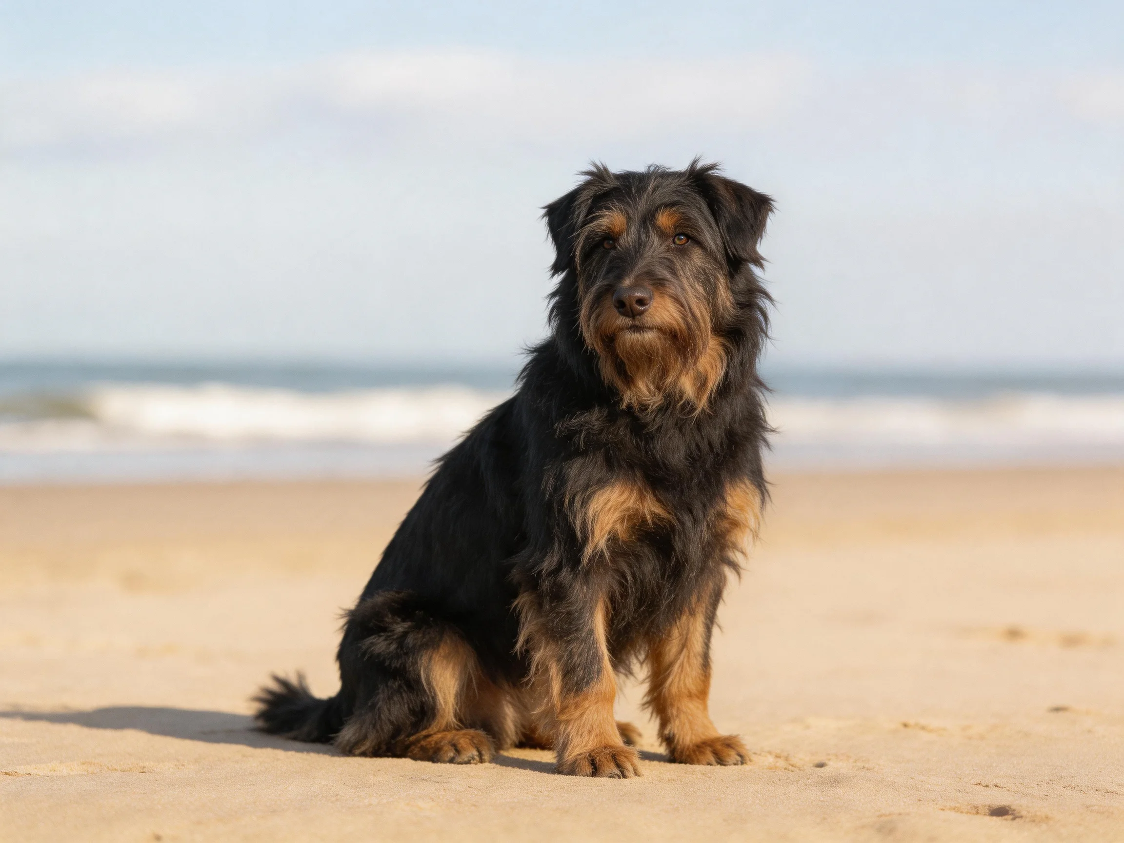 A black and tan dog sits calmly on a sandy beach with ocean waves in the distance.