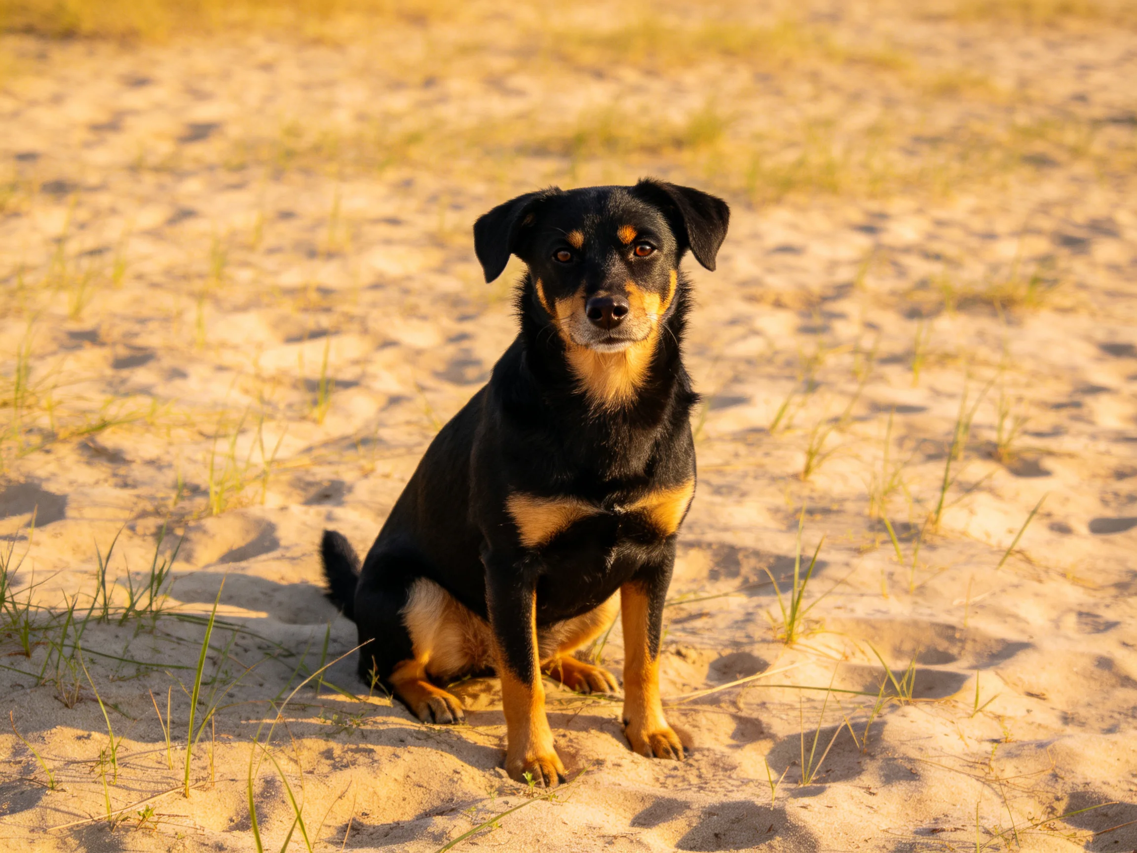A black and tan dog sits calmly on sandy ground with sparse grass.