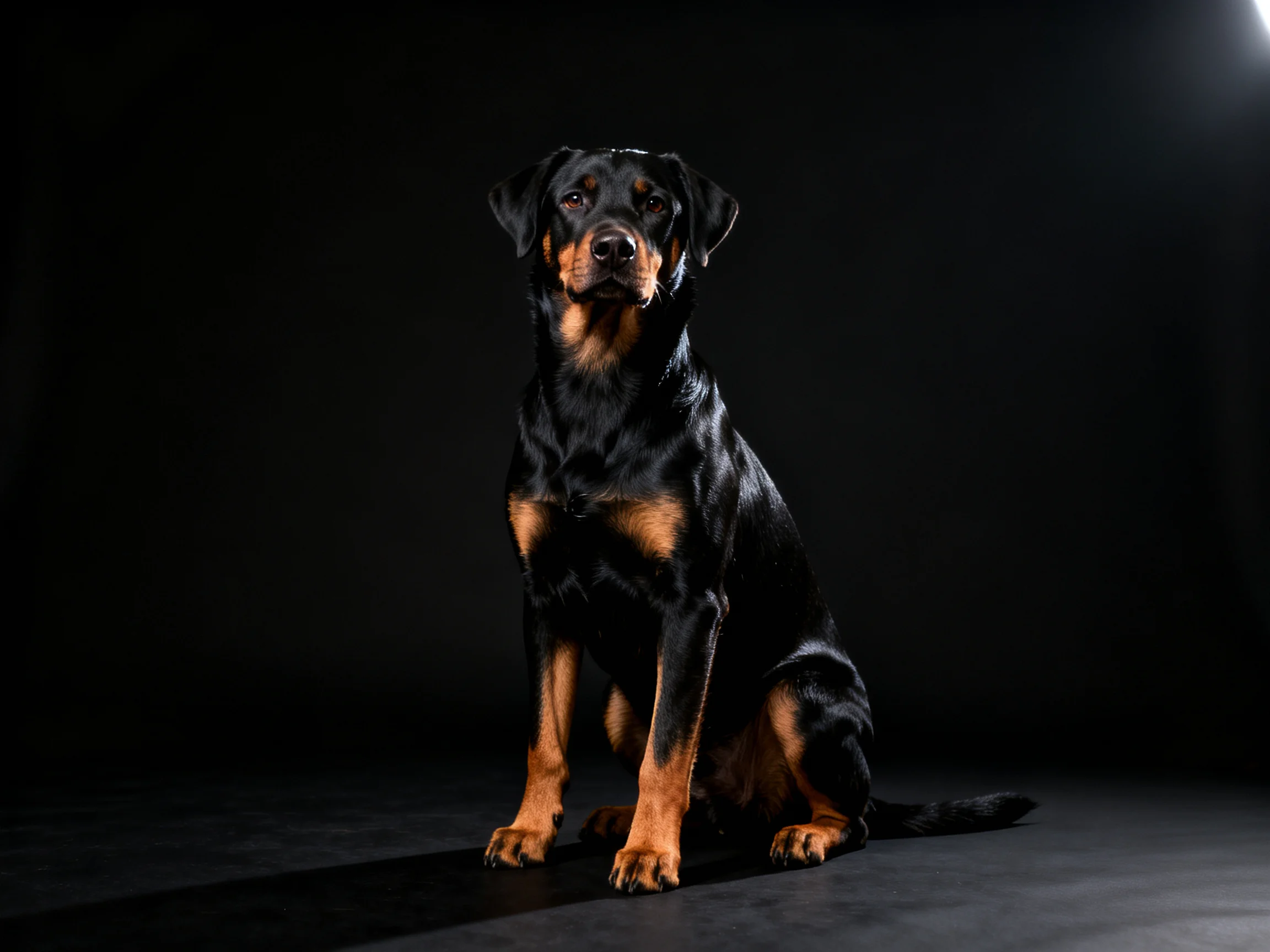A black and tan dog sits calmly in a dimly lit studio.