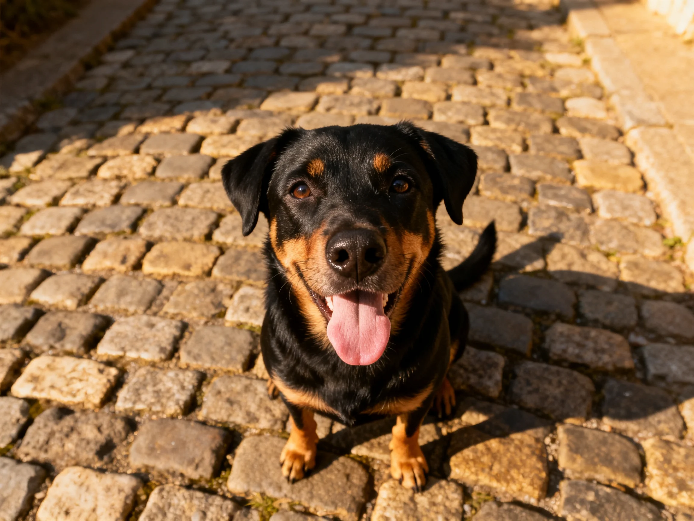 A black and tan dog sits happily on a sunlit cobblestone street.
