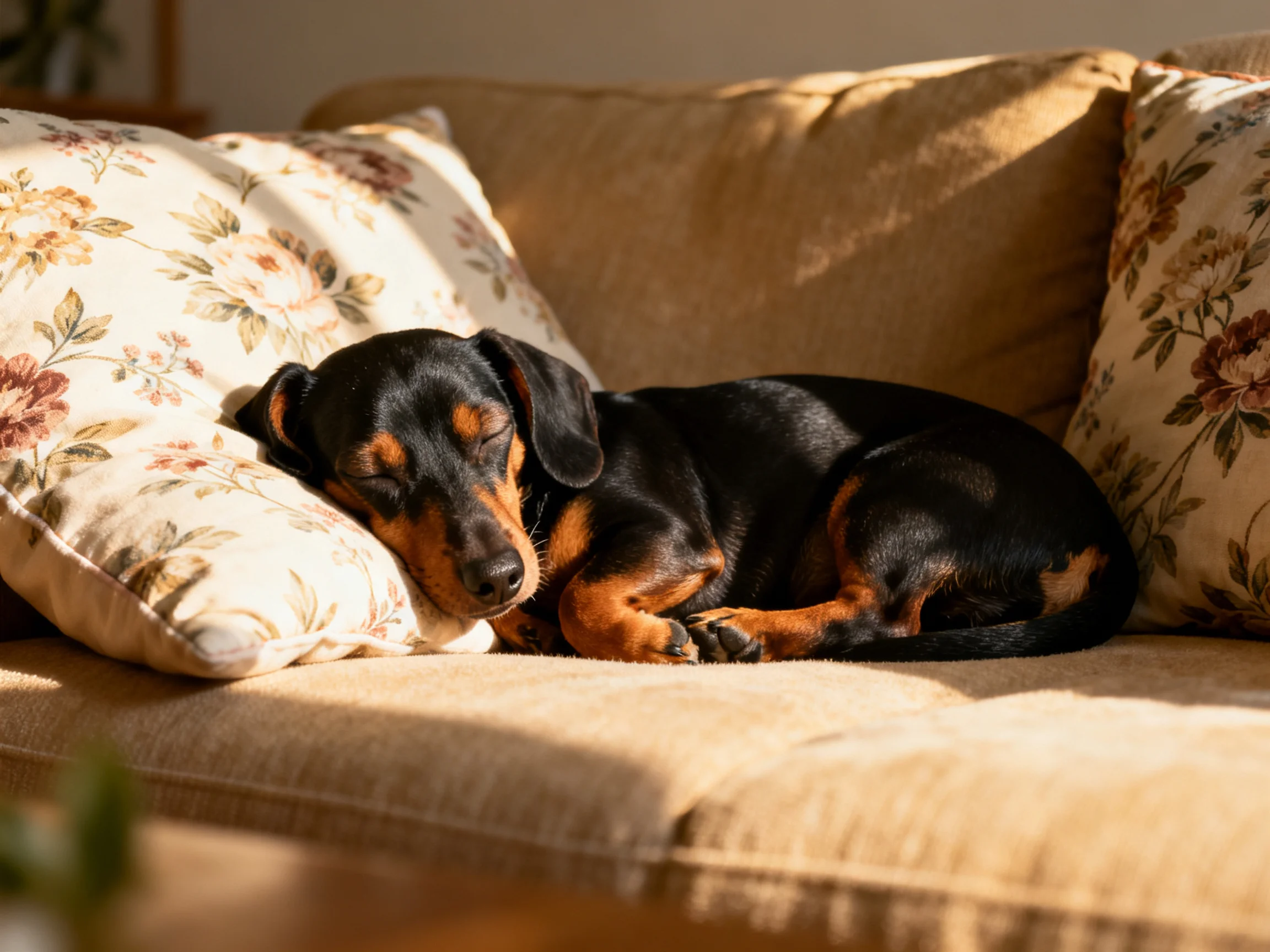 A black and tan dog sleeps on a beige couch with floral pillows