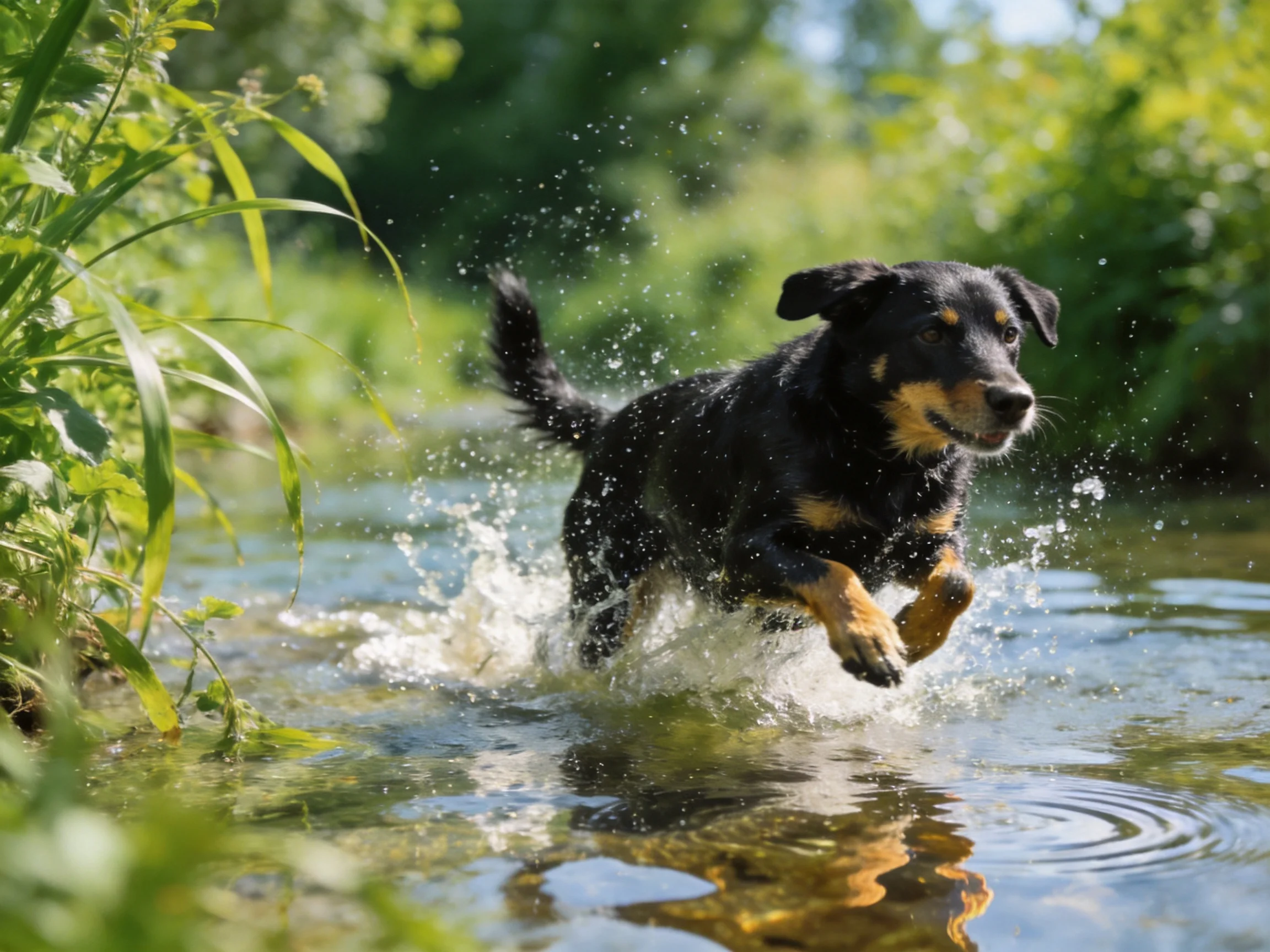 A black and tan dog splashes through a shallow stream amid lush greenery