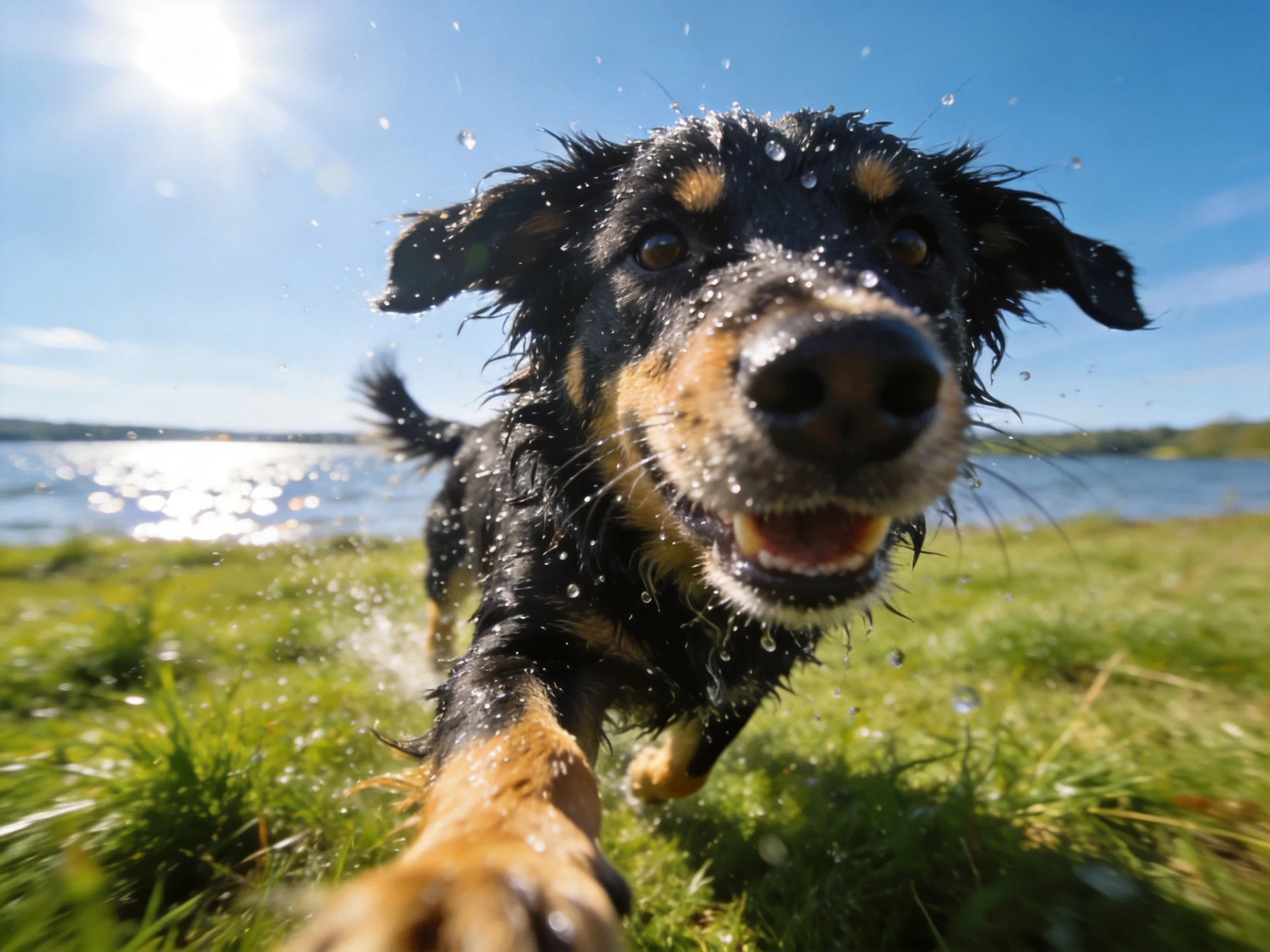 A black and tan dog plays joyfully near a lake.
