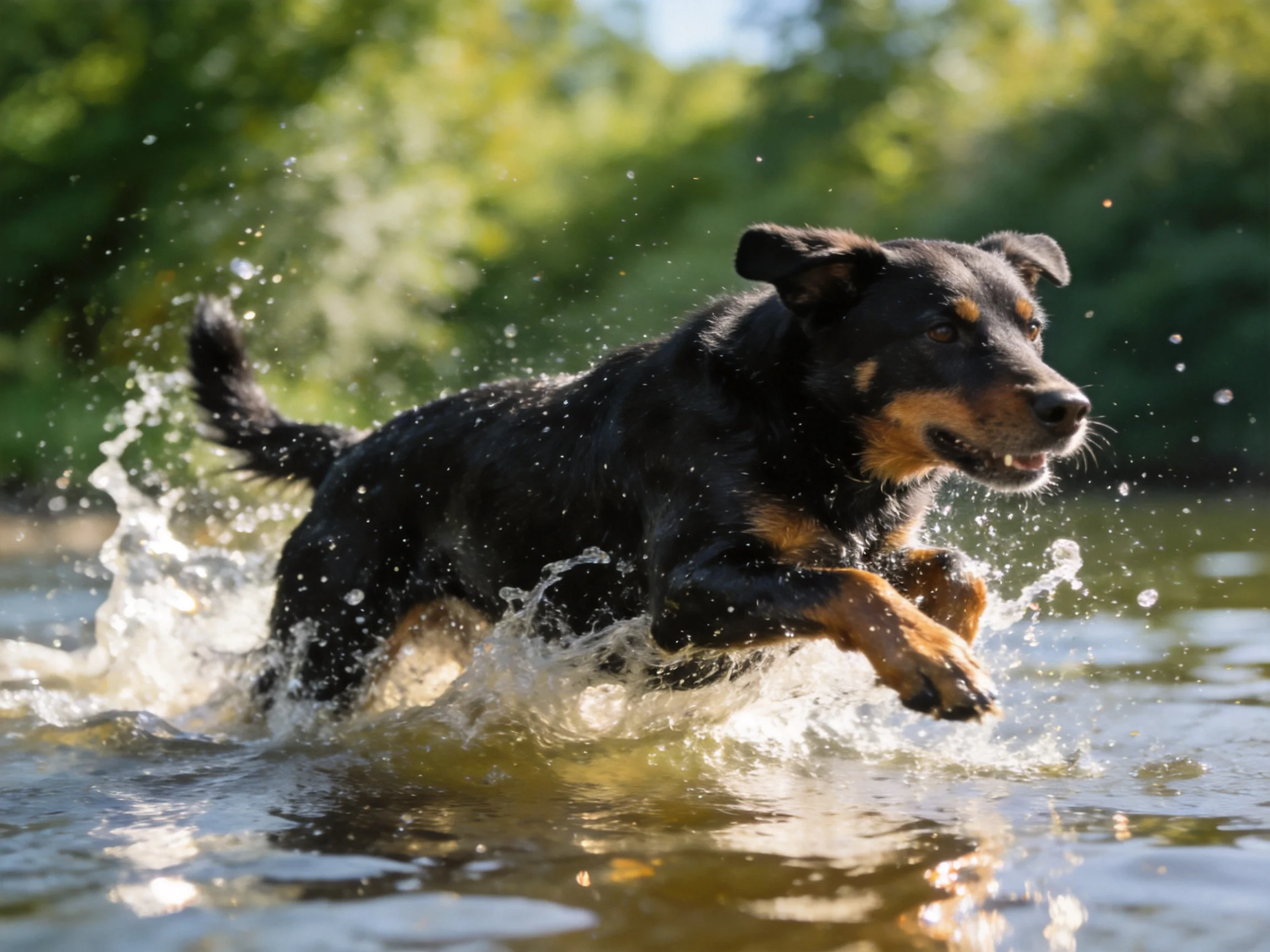 A black and tan dog runs through shallow water, creating splashes.