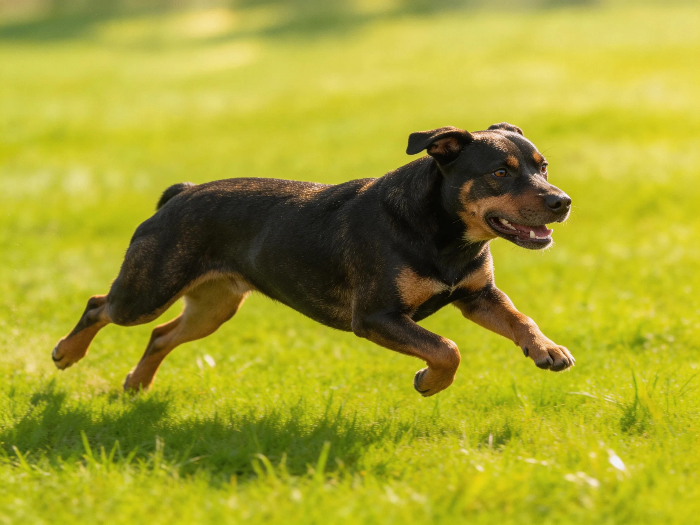 A black and tan dog sprinting across a lush green field