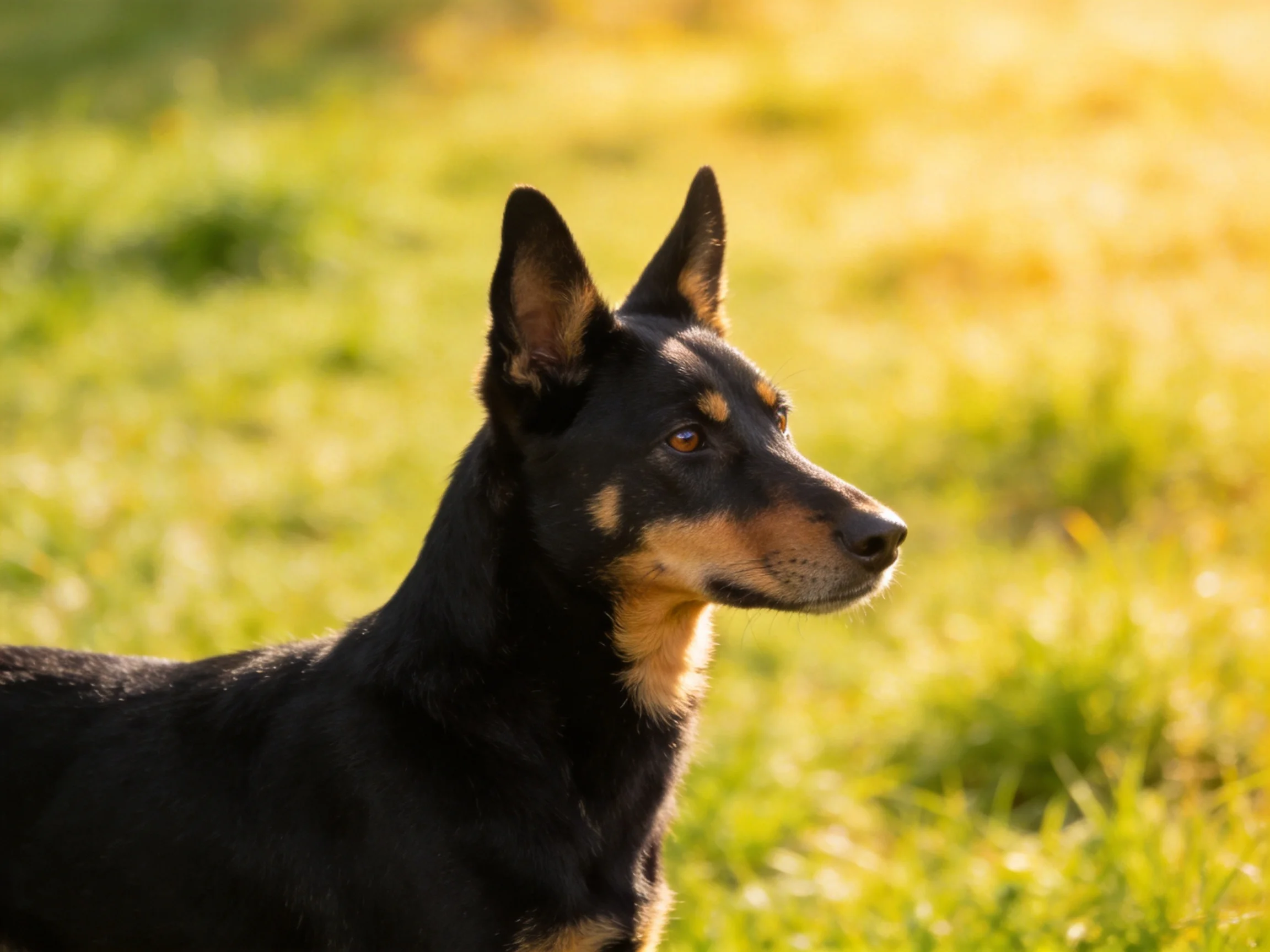 A black and tan dog gazes attentively in a sunlit grassy area.