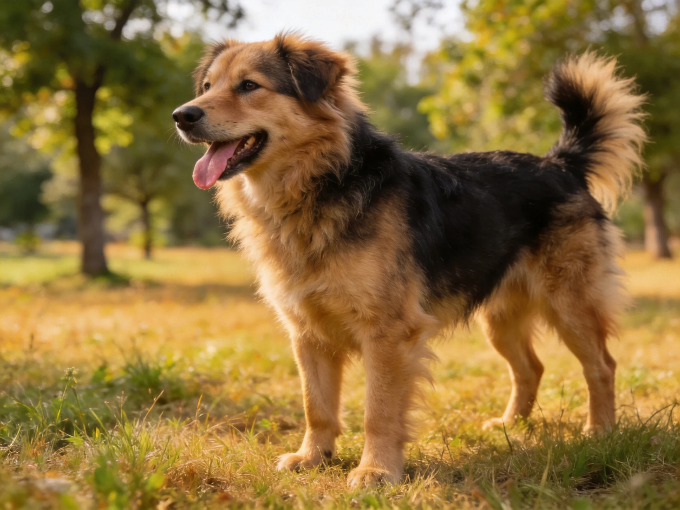 A black and tan dog stands alert in a sunlit grassy field