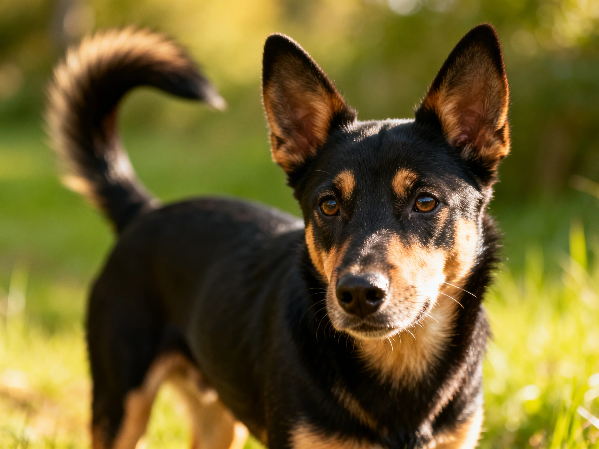 A black and tan dog stands alert in a sunlit green outdoor setting