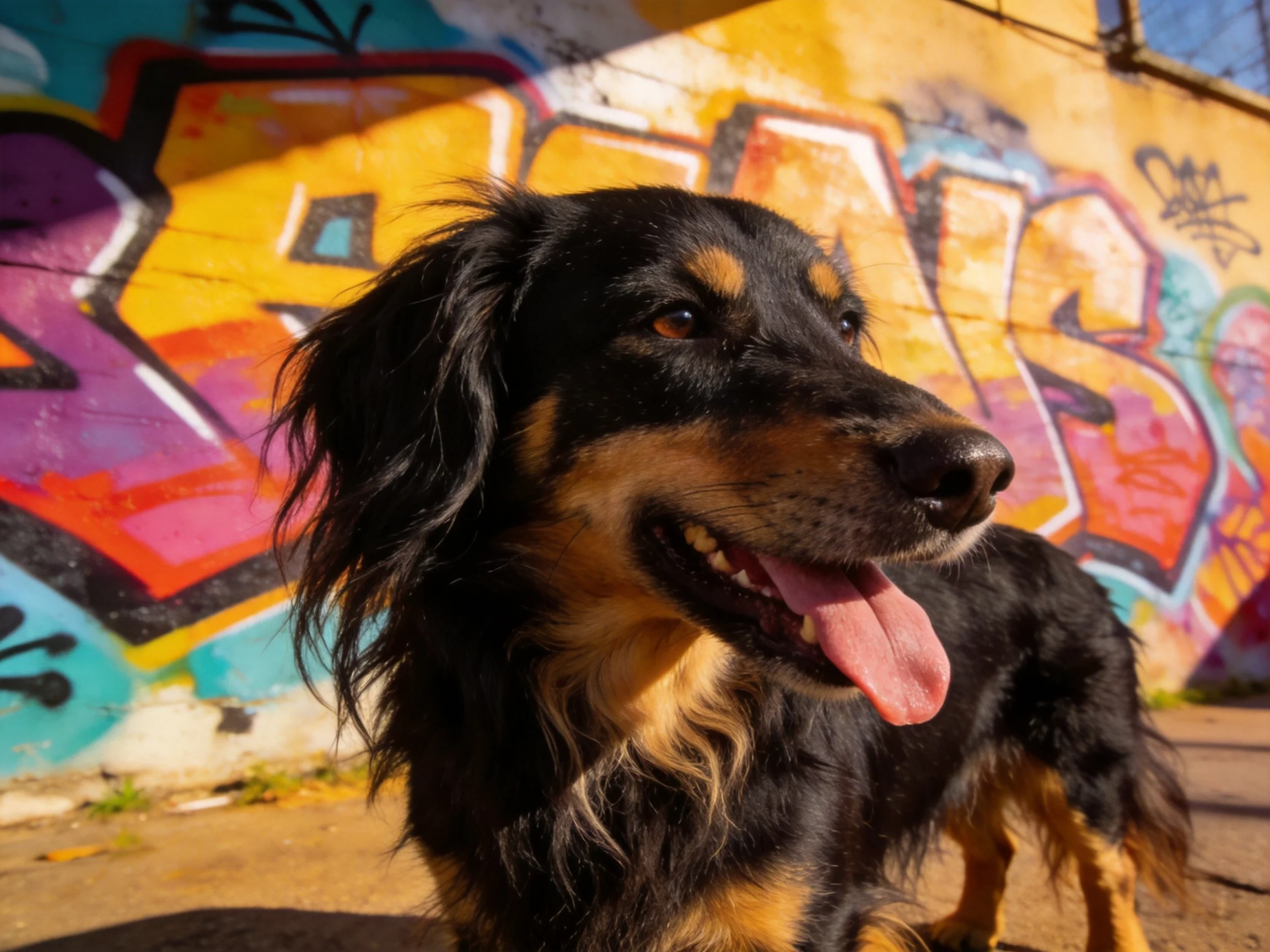 A black and tan dog stands before a vibrant graffiti-covered wall