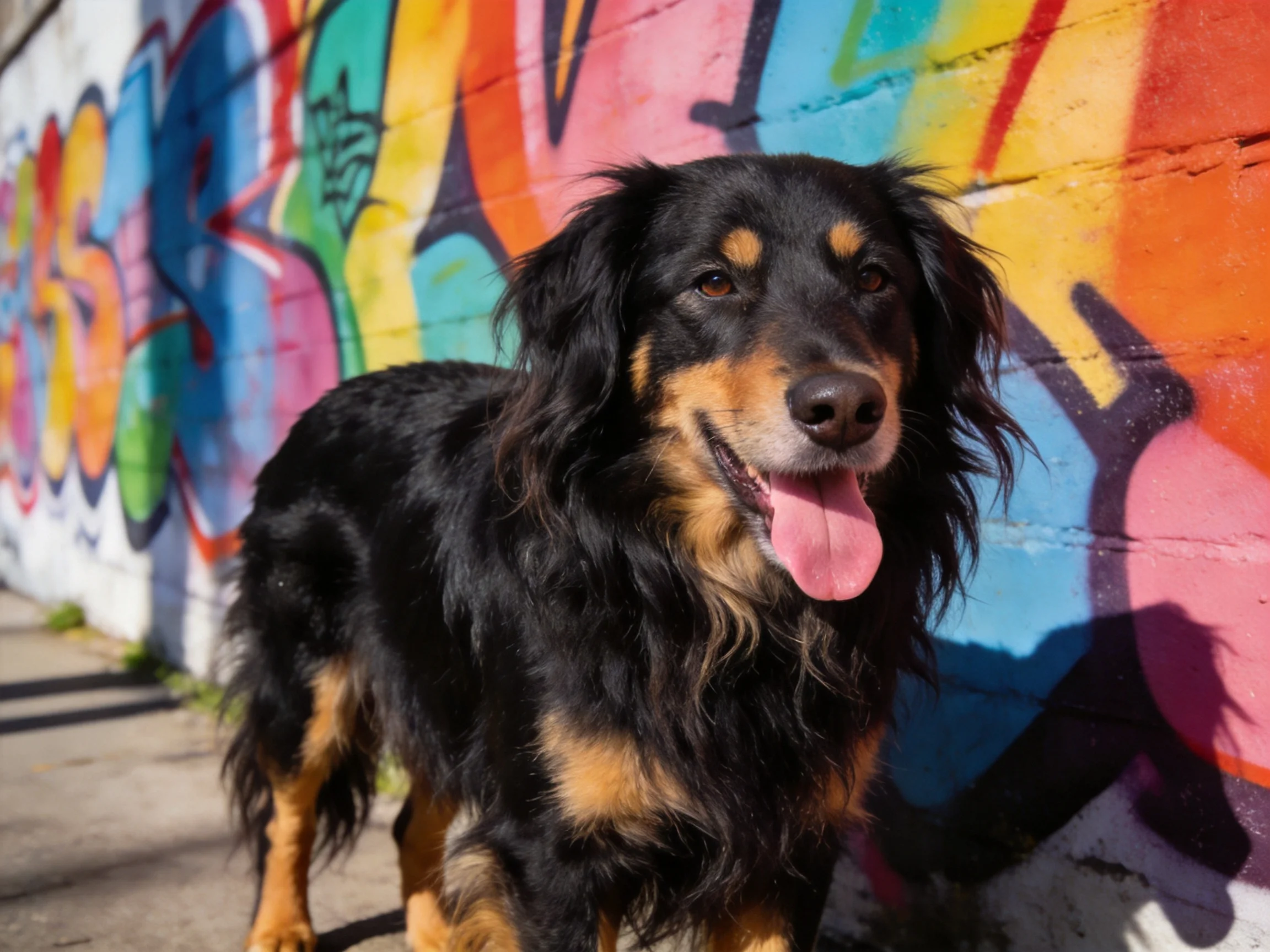 A black and tan dog stands near a brightly colored graffiti wall.