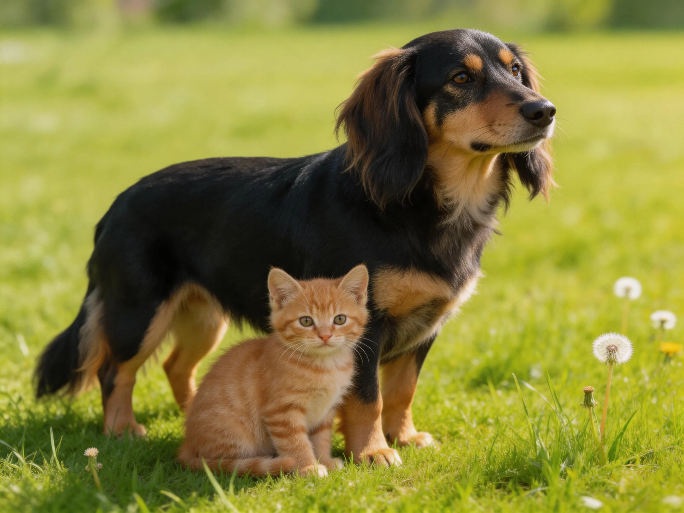 A black and tan dog and orange tabby kitten sit together in a sunlit grassy area.