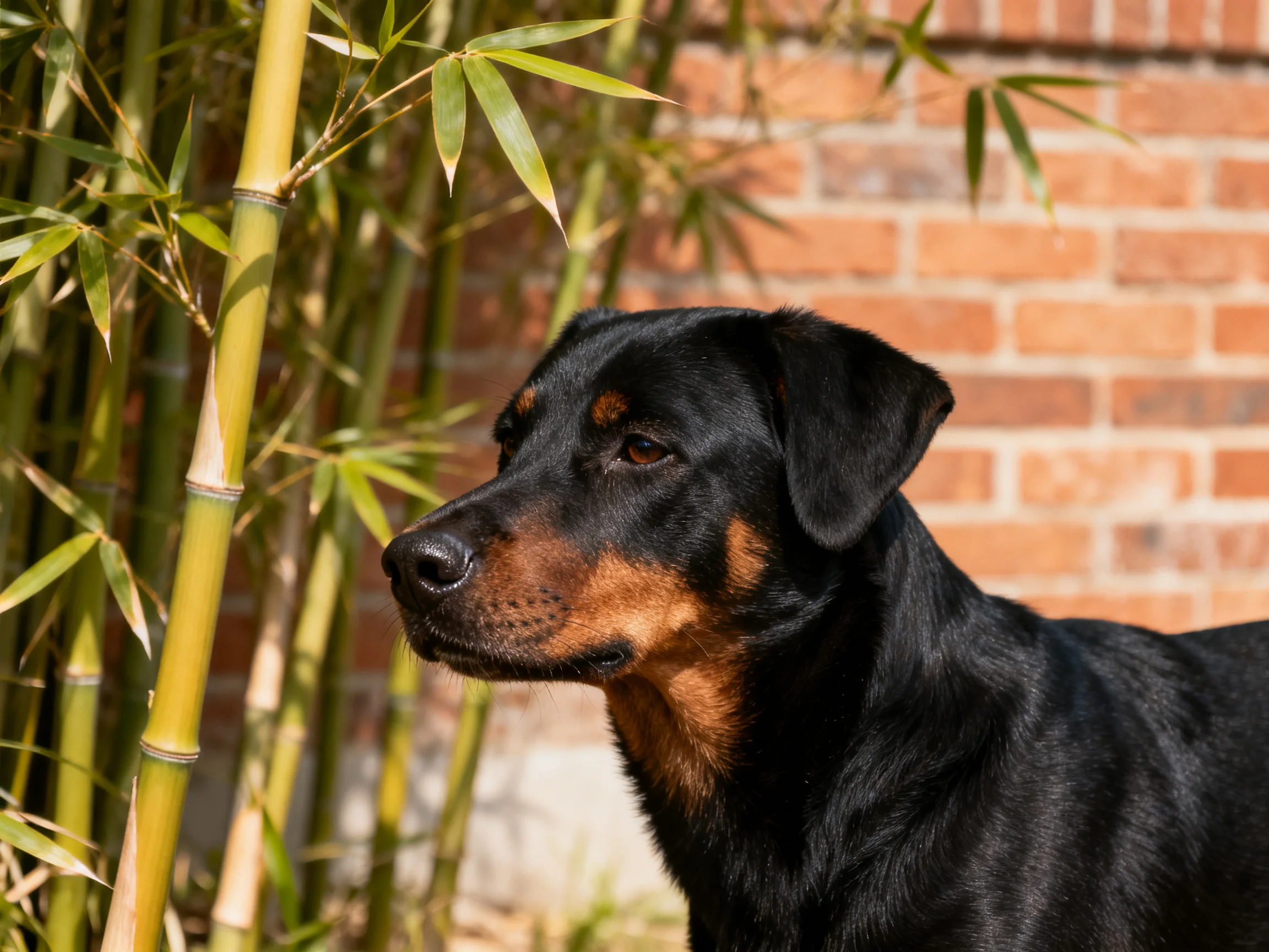 A black and tan dog is positioned next to bamboo with a red brick wall in the background.