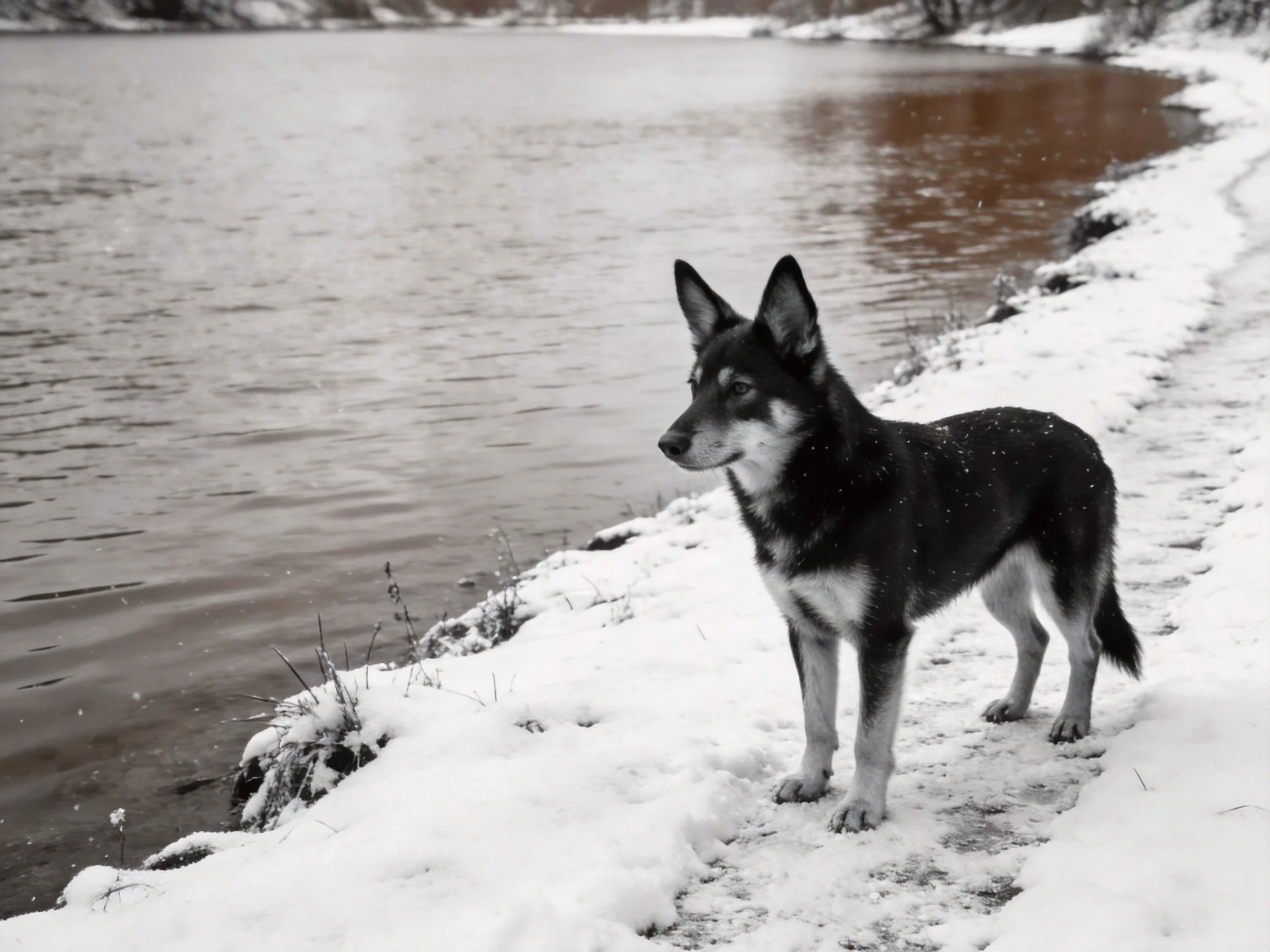 A dog stands on a snow - covered riverside next to calm water.