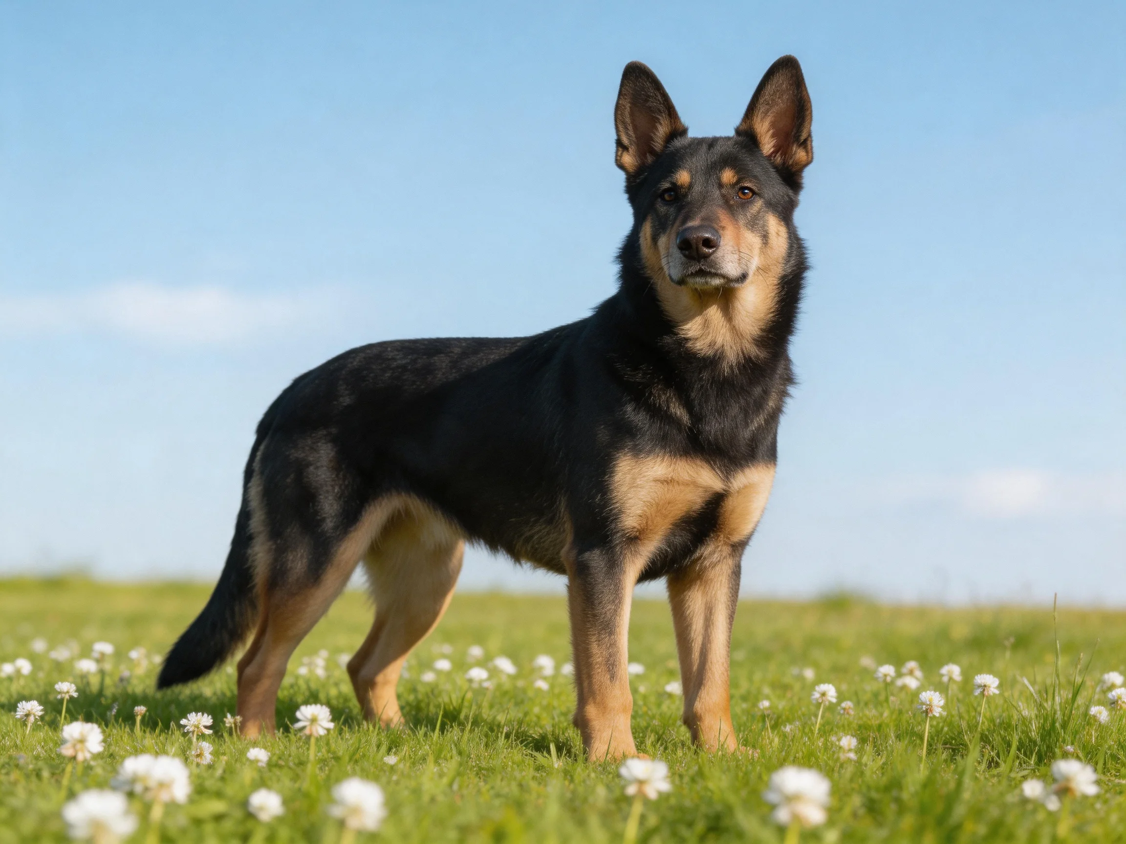 A black and tan dog stands in a grassy field with white flowers.