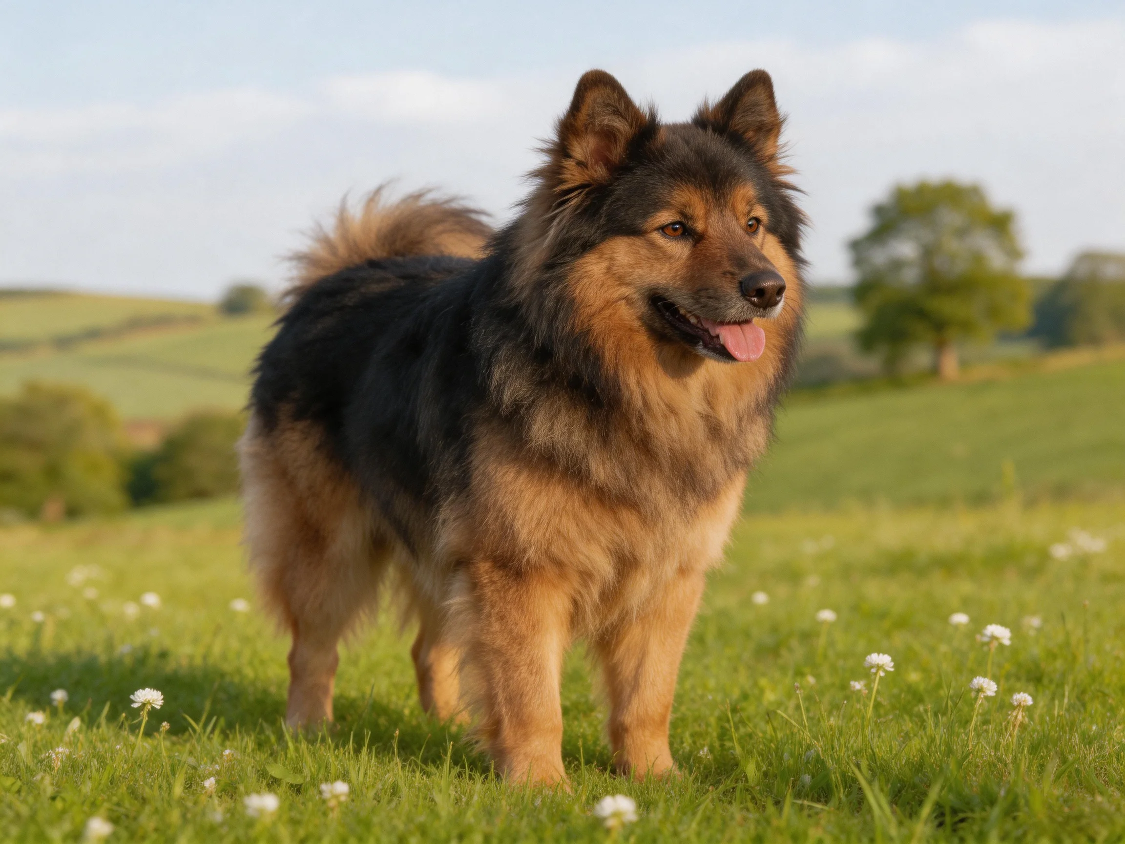 A black-and-tan dog stands contentedly in a sunlit green meadow.