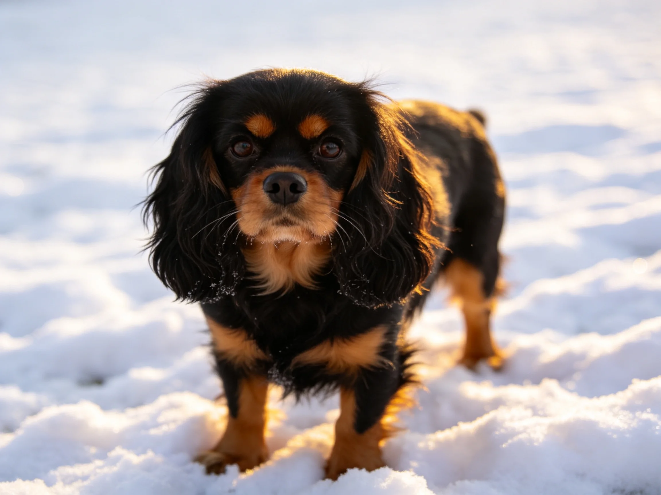 A black and tan dog stands in glistening white snow