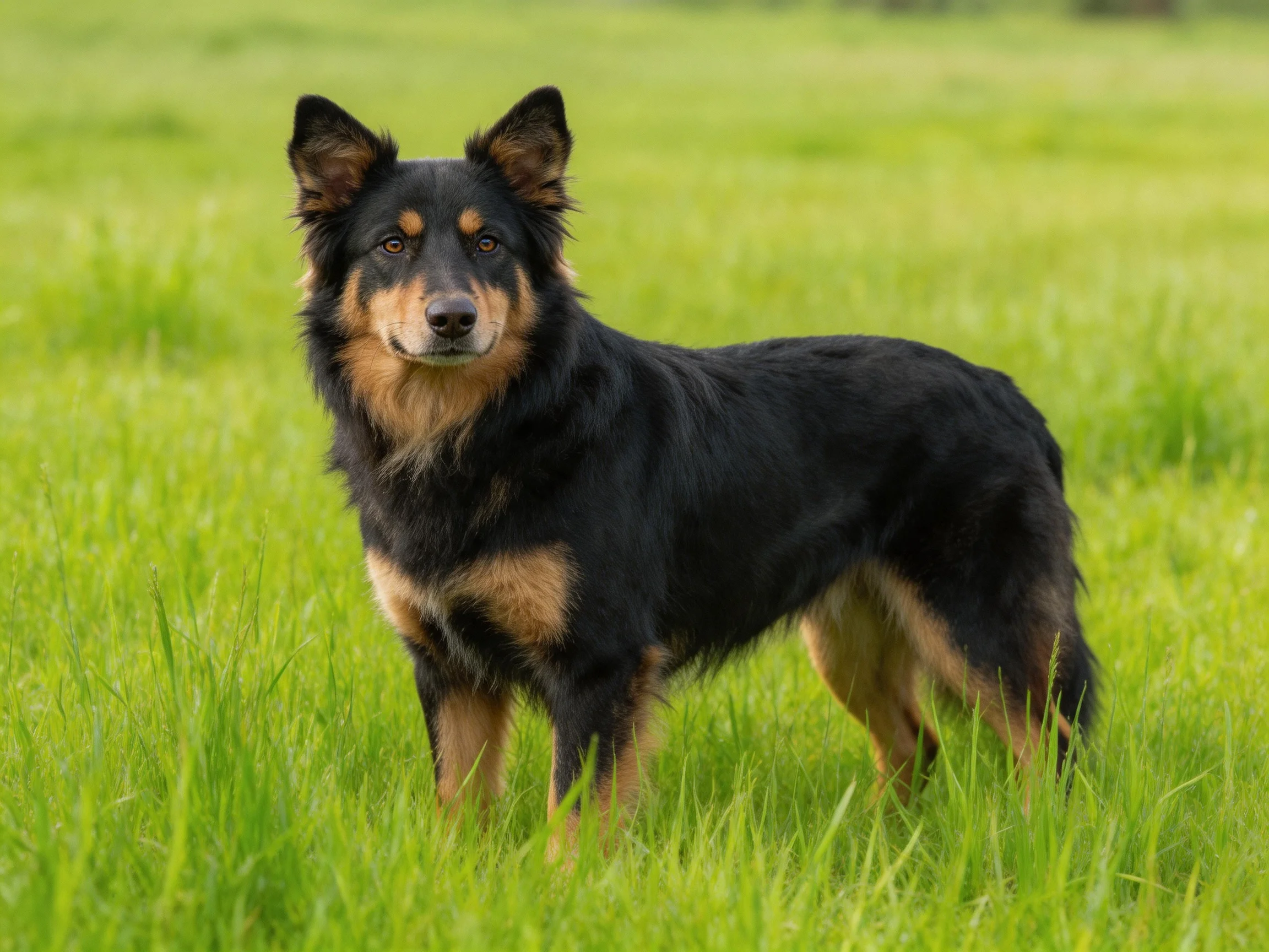 A black and tan dog stands alert in a grassy field.