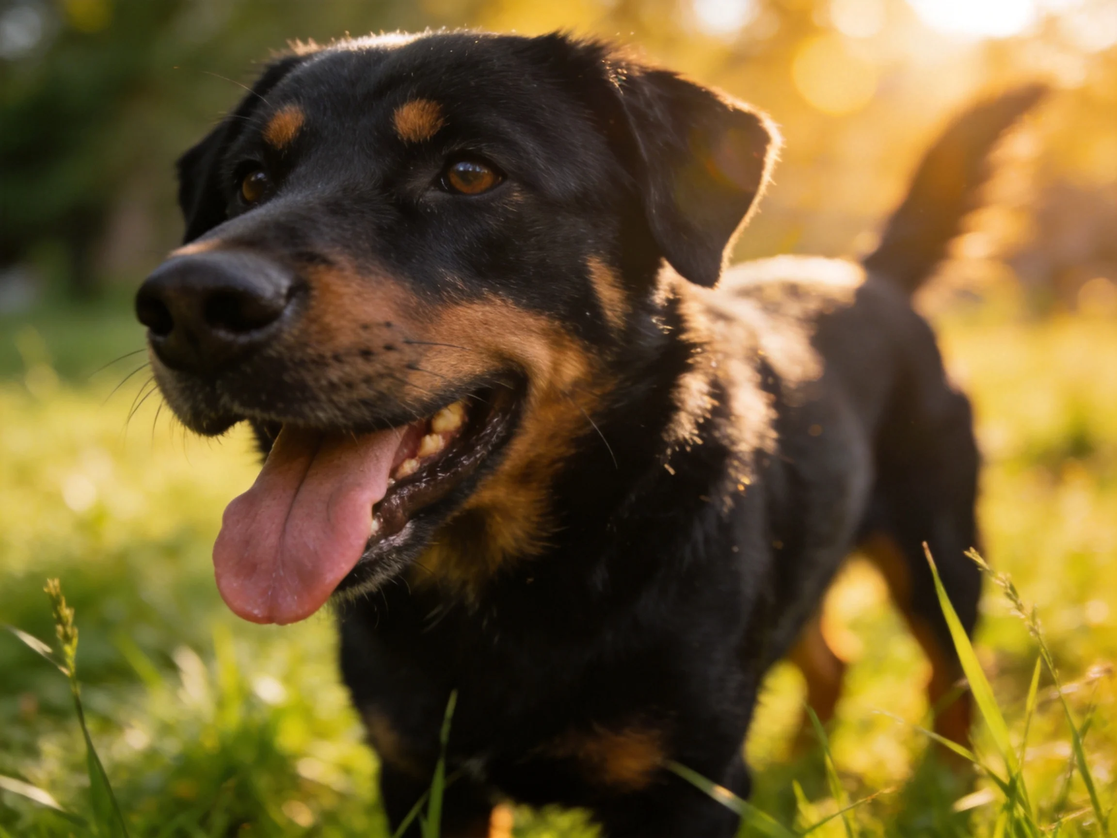 A black and tan dog relaxes in a sunlit grassy area.