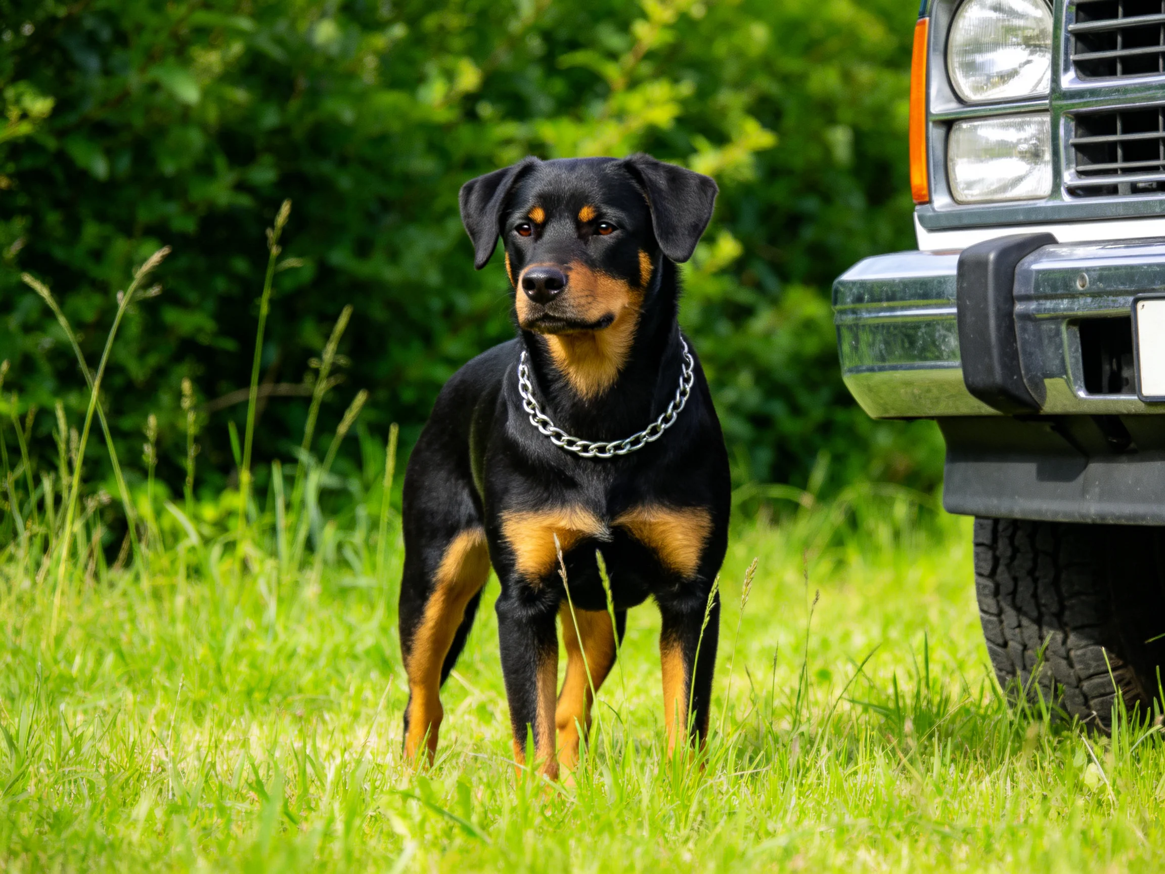 A black and tan dog stands in grass beside a vehicle