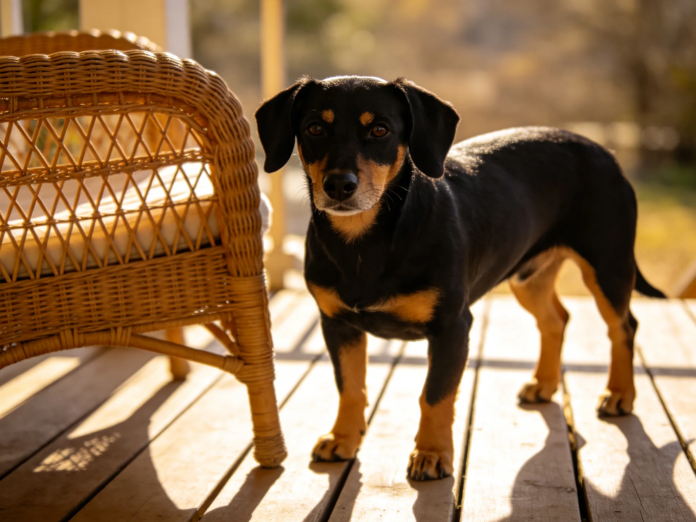 A black and tan dog stands beside a wicker chair on a sunlit wooden deck.