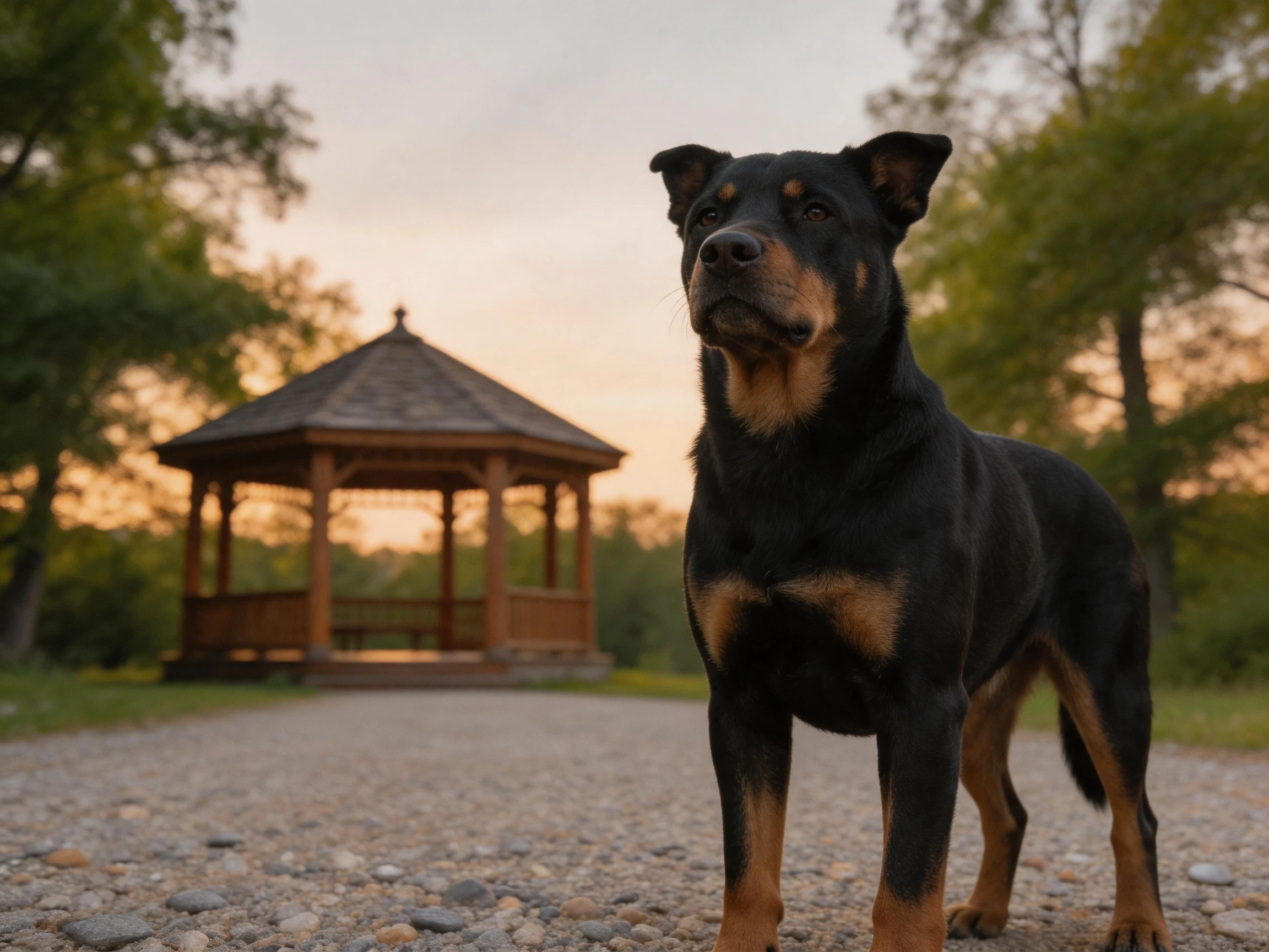 A black and tan dog stands on a gravel path beside a wooden gazebo in a park.