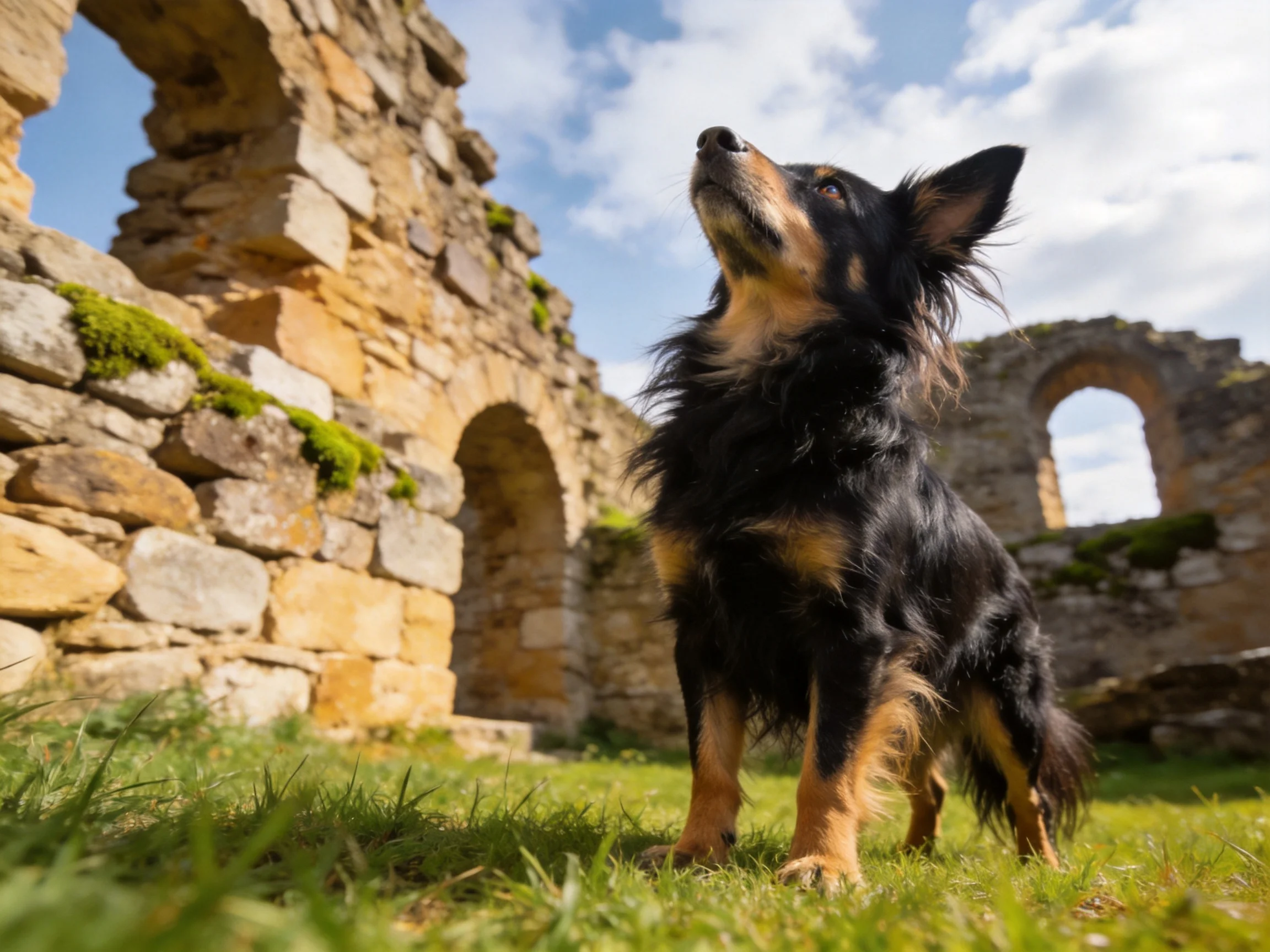 A black and tan dog looks toward the sky beside old stone ruins.