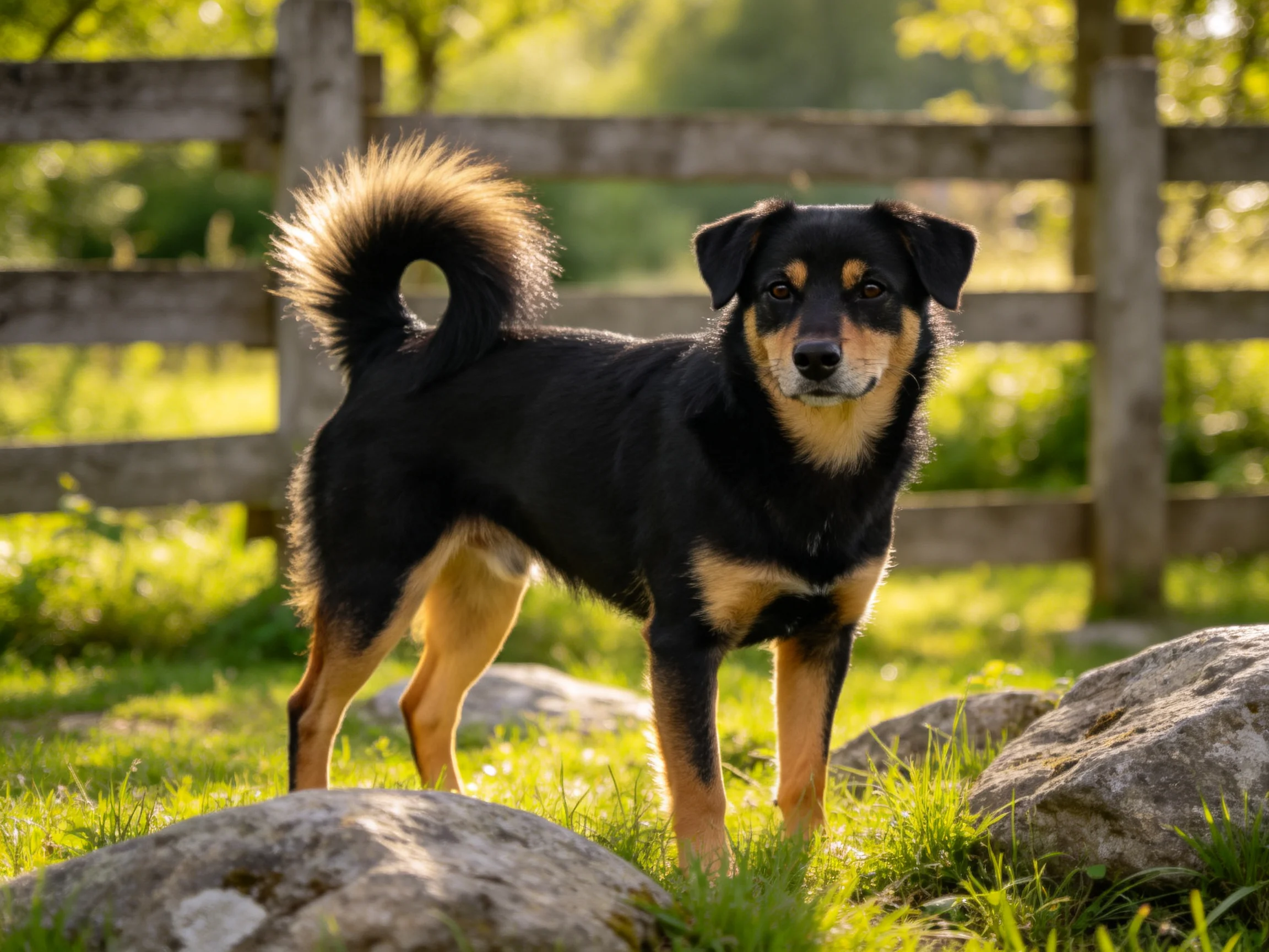 A black and tan dog stands near rocks and a wooden fence in a grassy area.