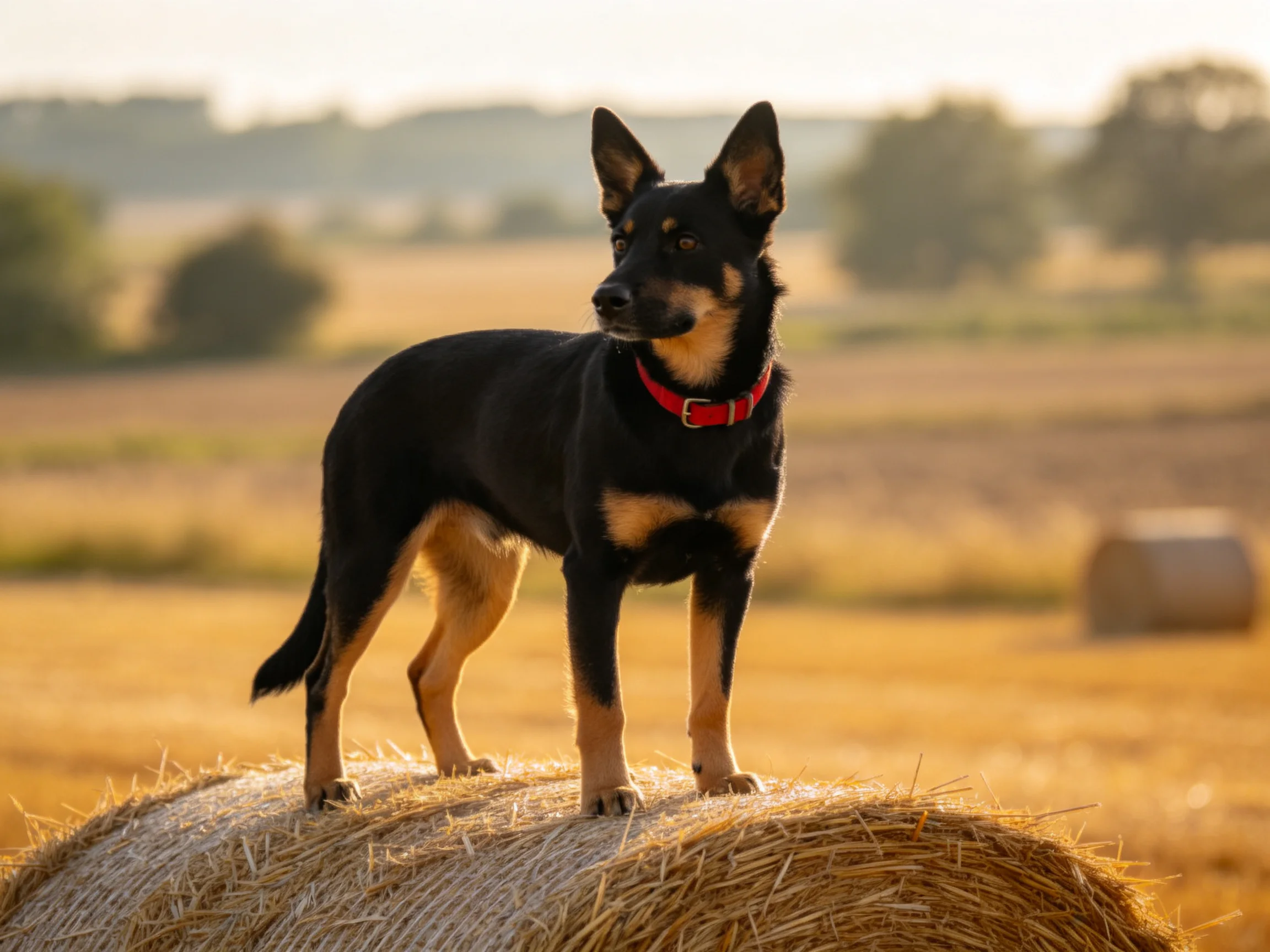 A black and tan dog stands on a hay bale in a sunlit field.
