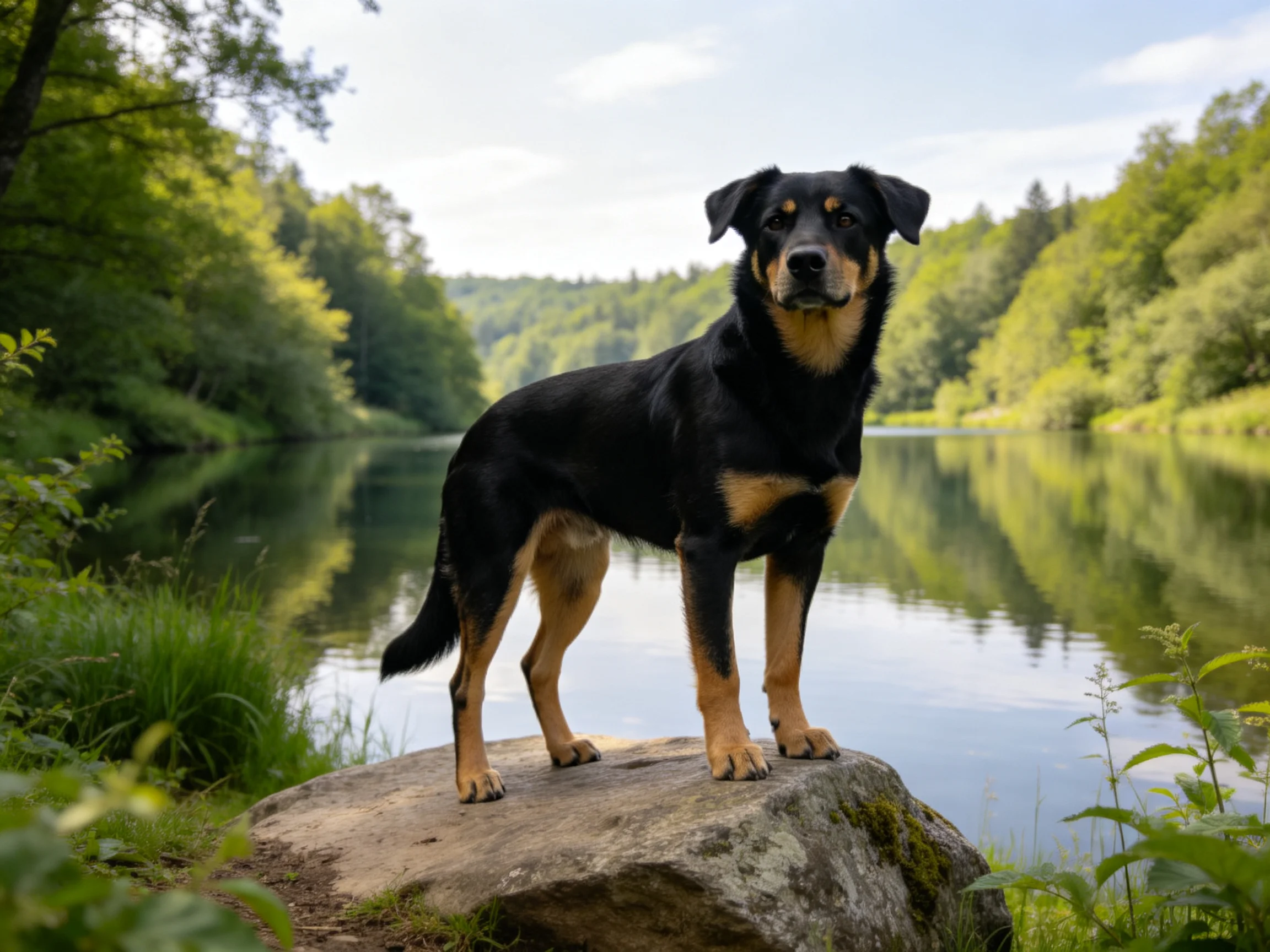 A black and tan dog stands on a mossy rock by calm waters