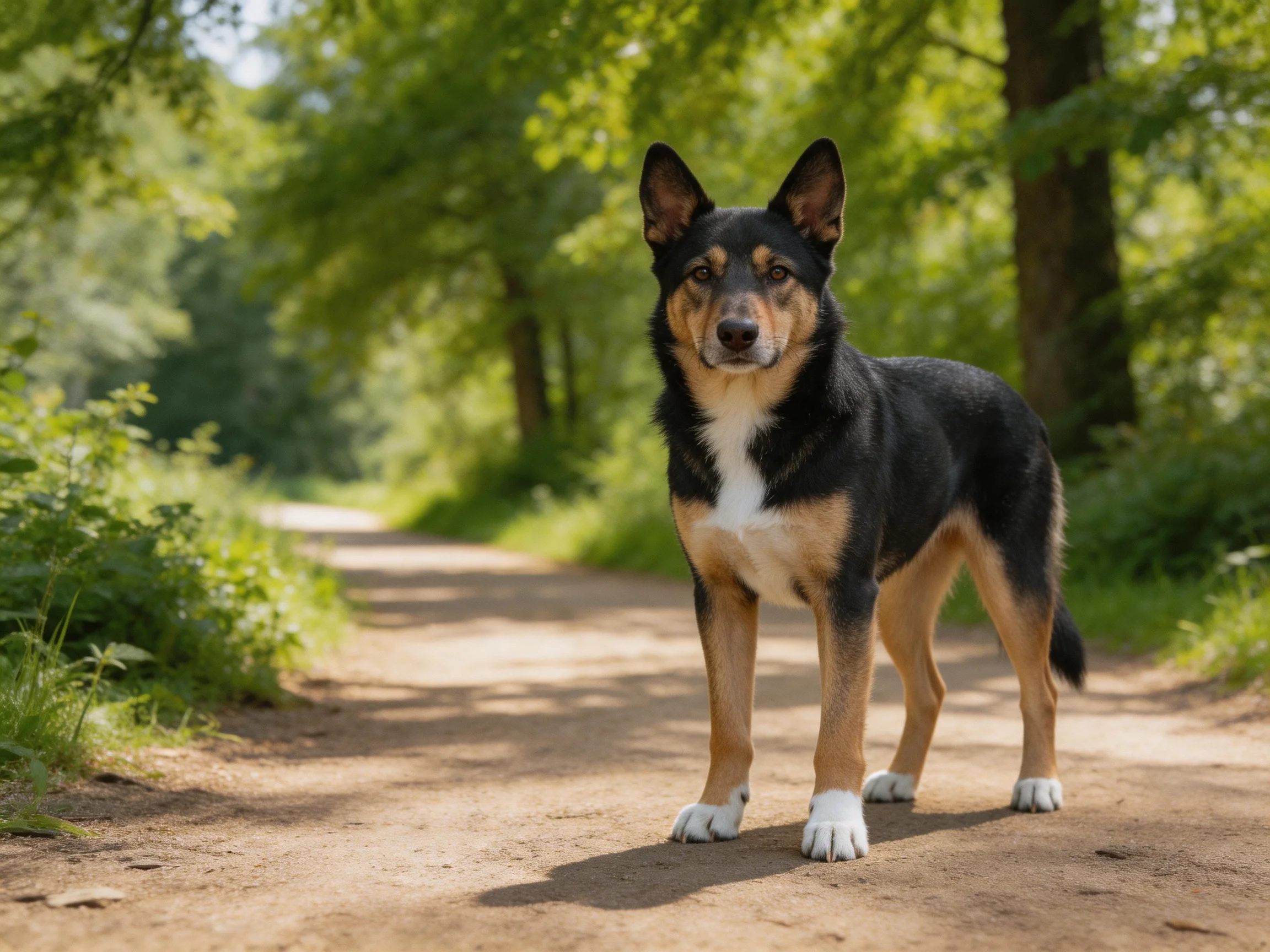 A black and tan dog stands on a sunlit dirt path in a wooded area.