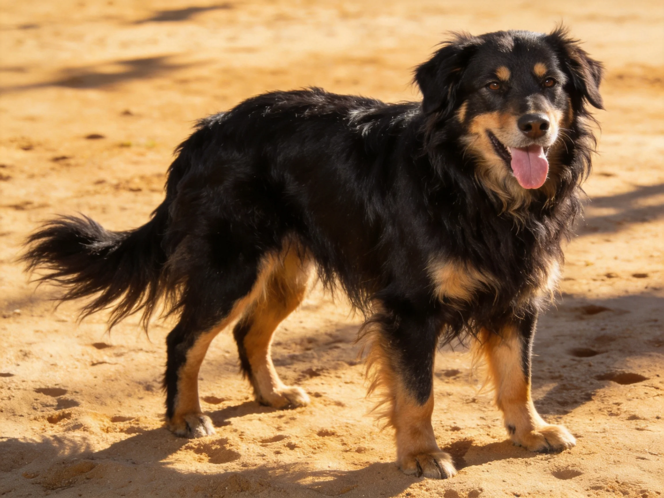 A black and tan dog stands on sandy ground in bright sunlight.