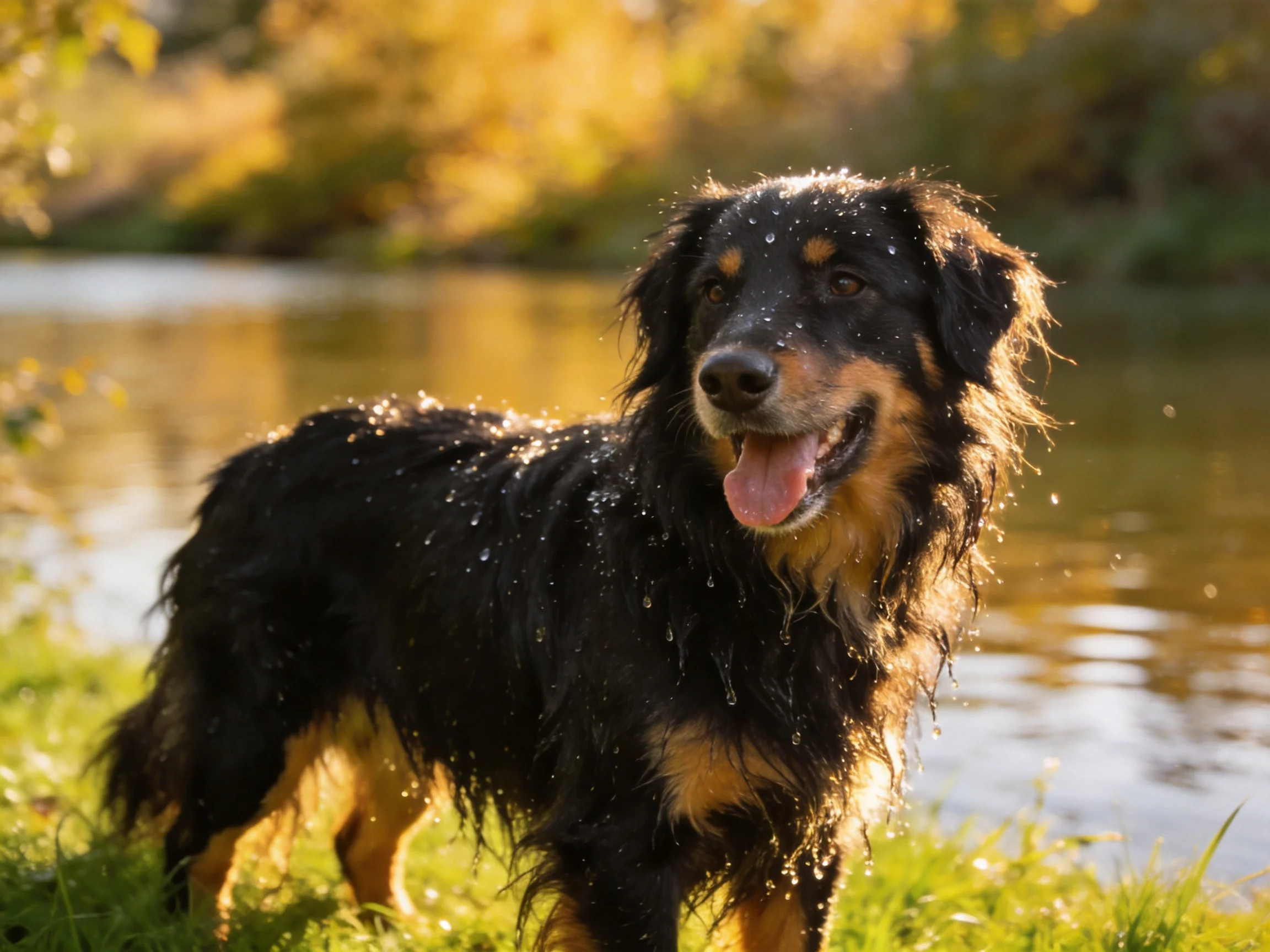 A wet black and tan dog relaxes by a sunlit river.