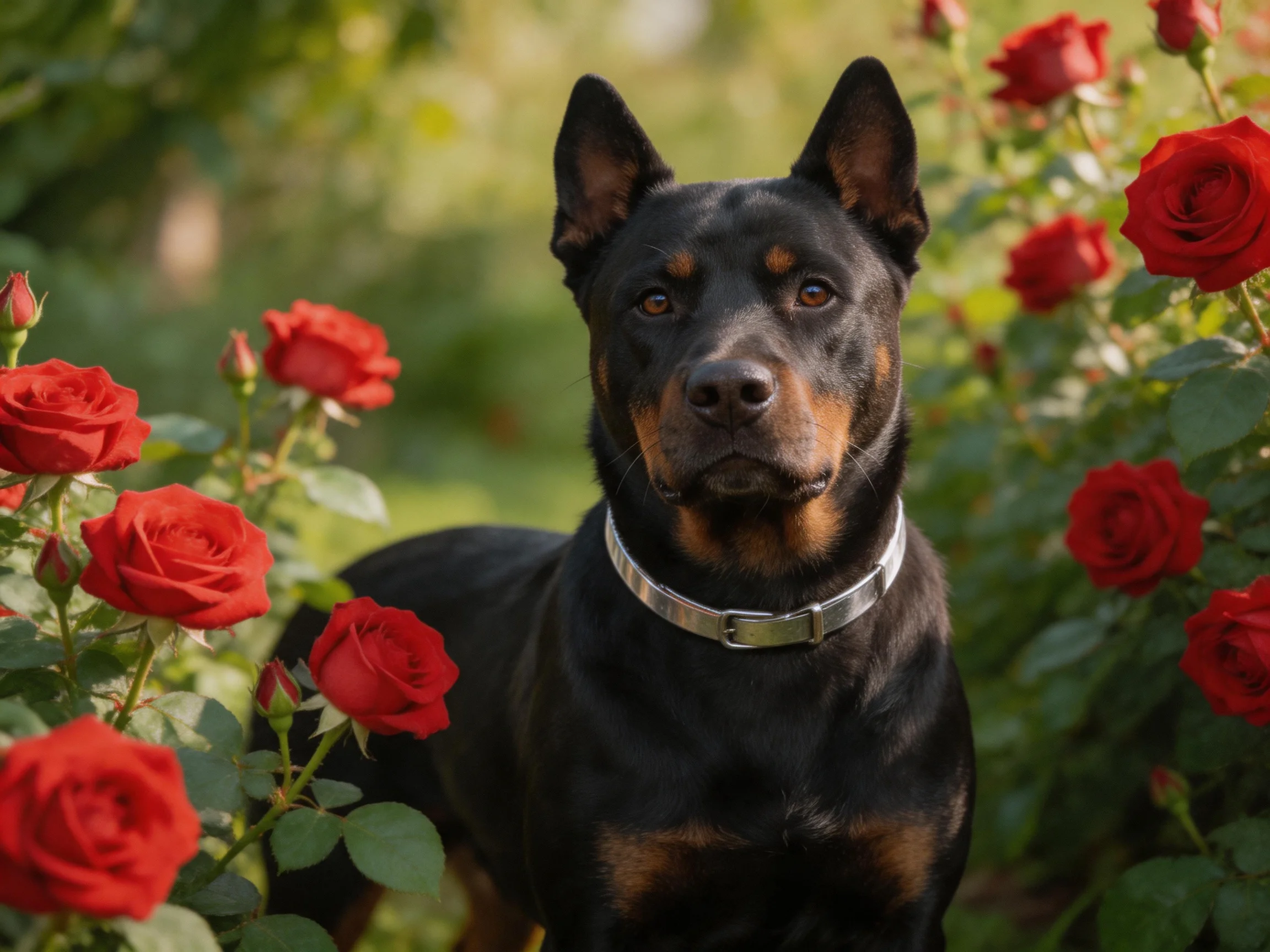A black and tan dog stands among red roses in a sunlit garden.