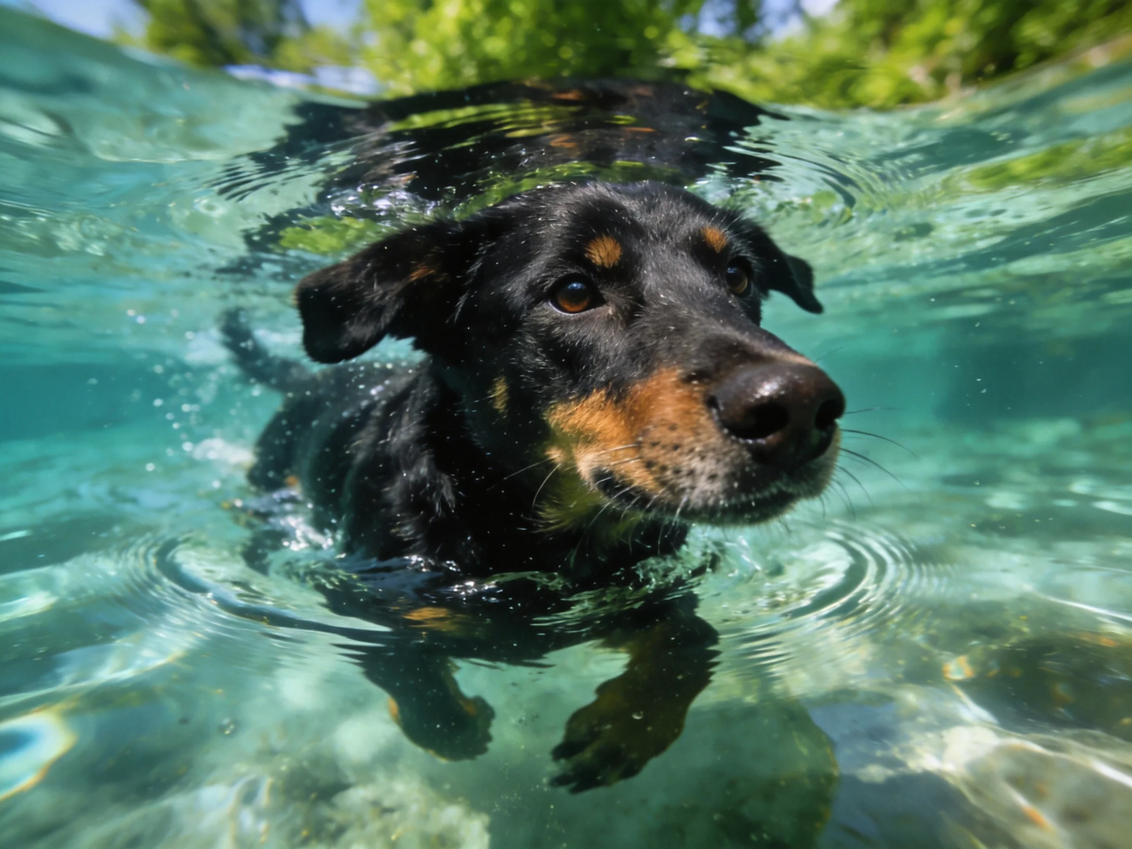 A dog swims in clear water with a natural backdrop.