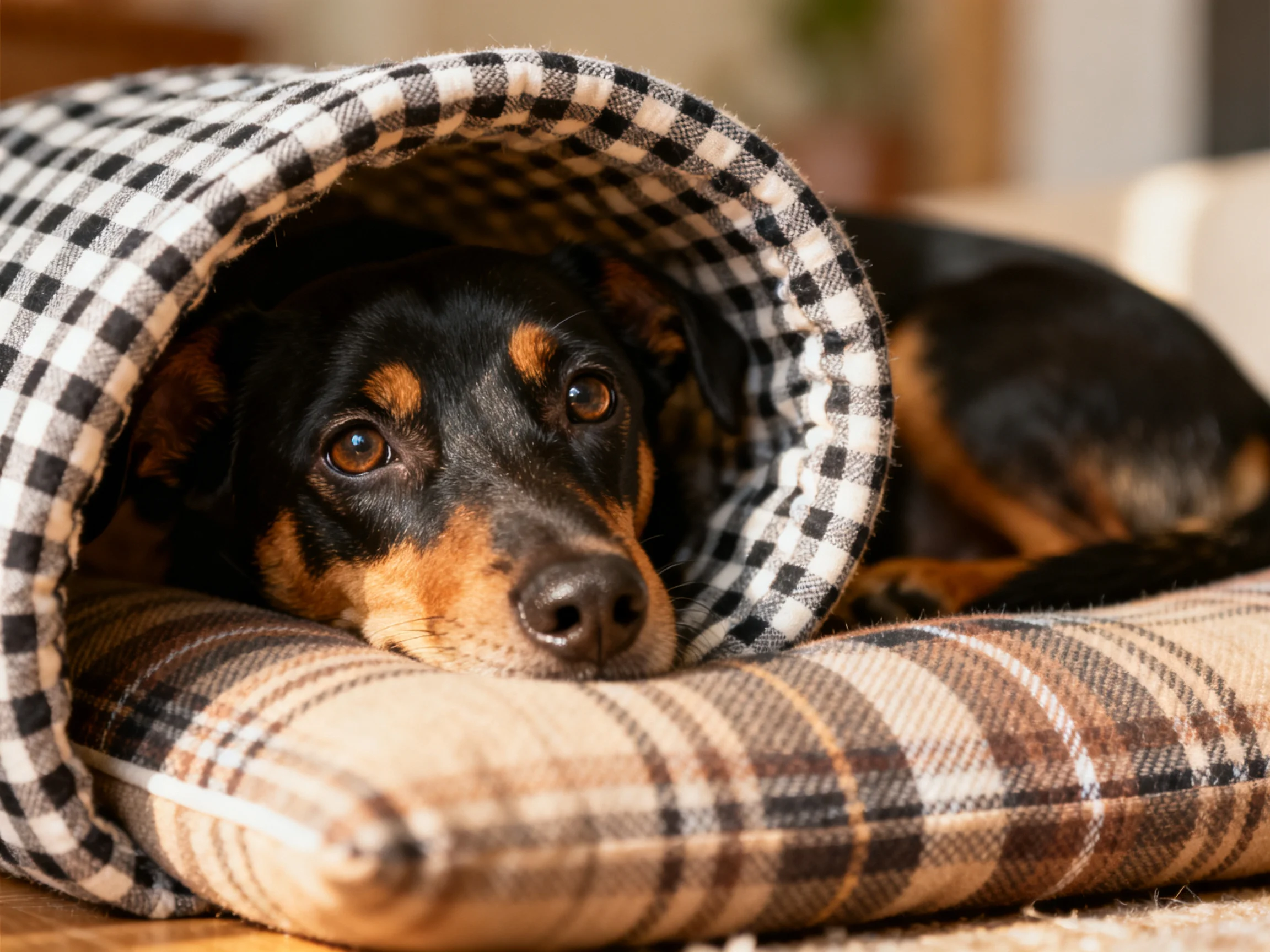 A black and tan dog relaxes inside a checkered fabric tunnel on a plaid cushion bed.