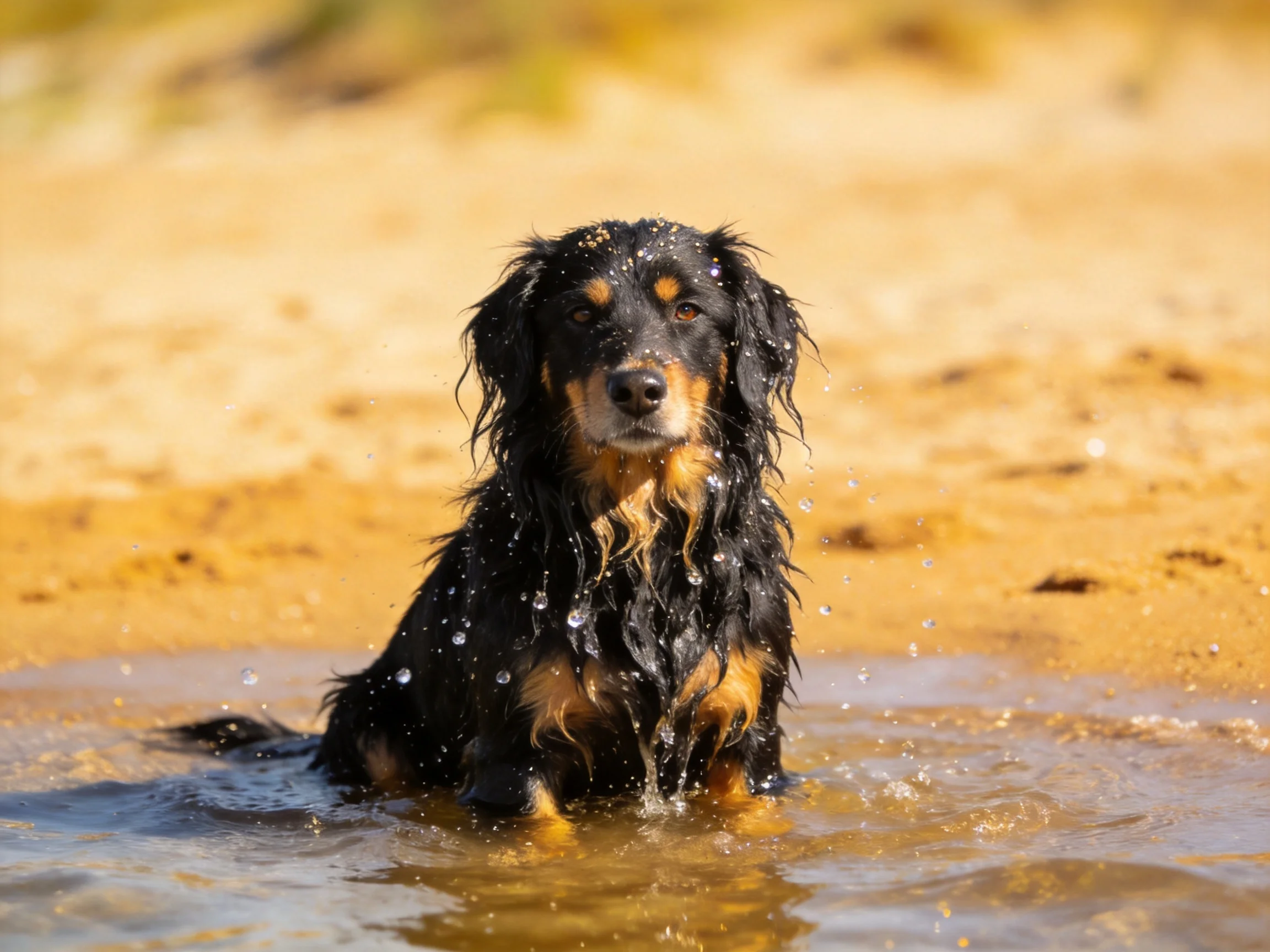 A black and tan dog wades in shallow water near golden sand