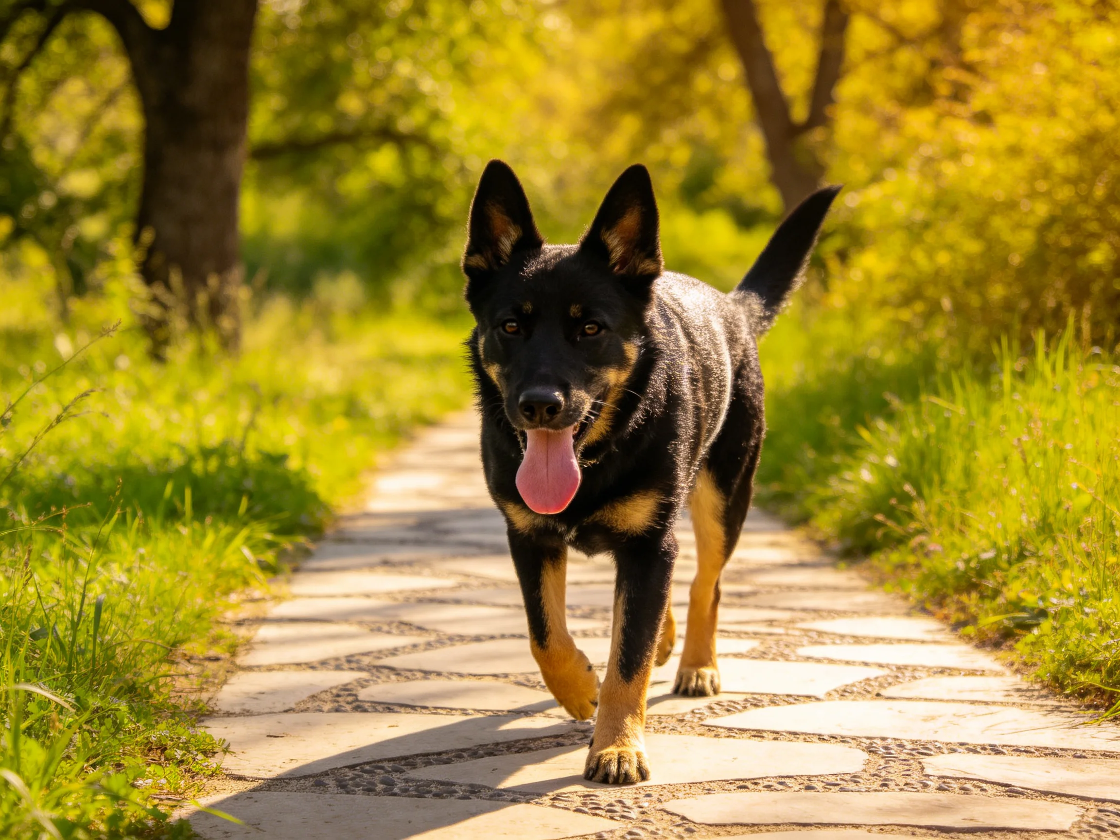 A black and tan dog walking on a stone path through sunny greenery